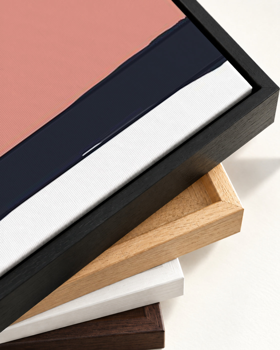 Coral On Grey Shapes Canvas Art — framed canvas corner and wrapped canvas detail
