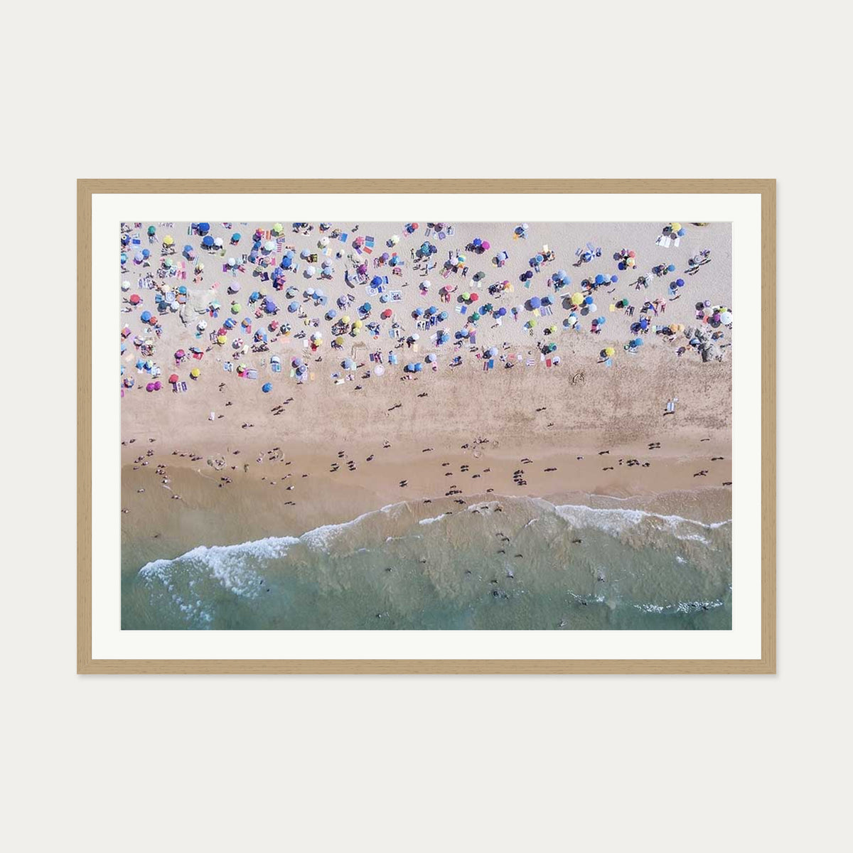 Crowded Beach Wall Art Print — 70 x 100 cm — Oak Frame
