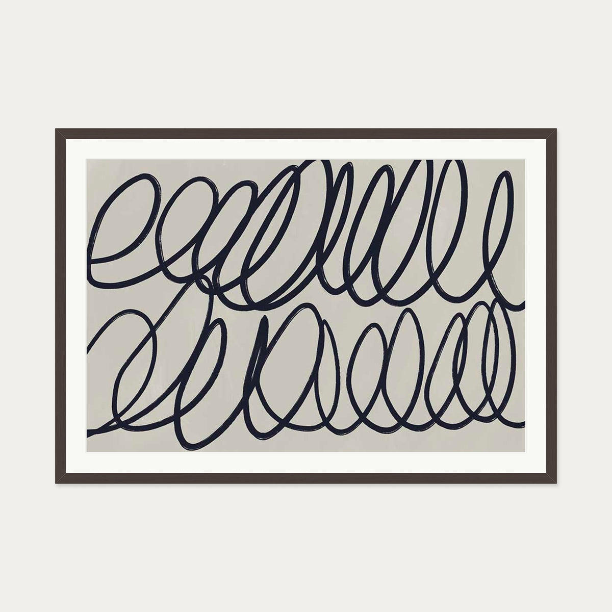 Curved Black Lines Art Print — 70 x 100 cm — Brown Frame