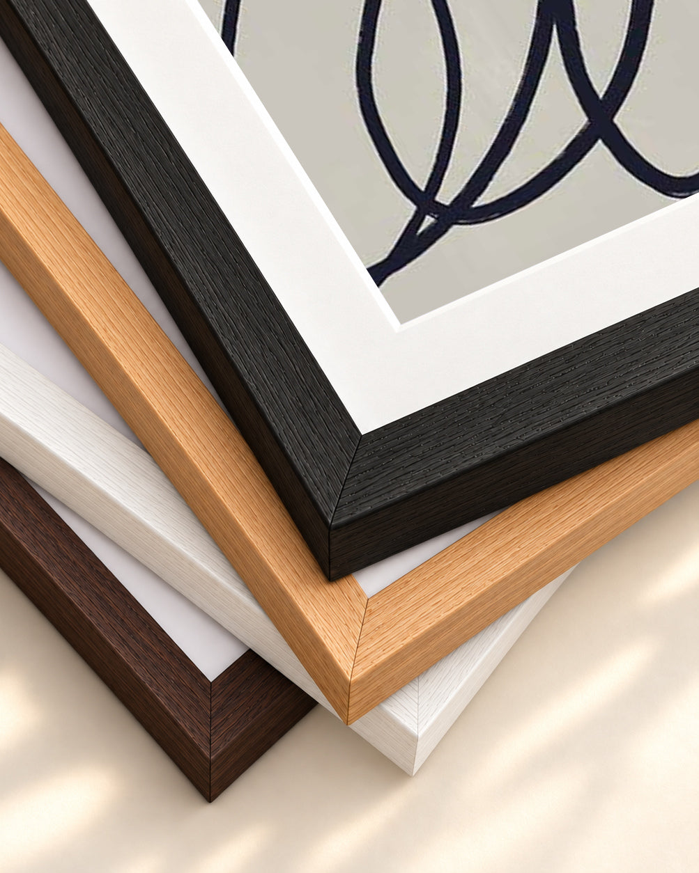 Curved Black Lines Art Print — framed print corner with 5 cm mount and bevel
