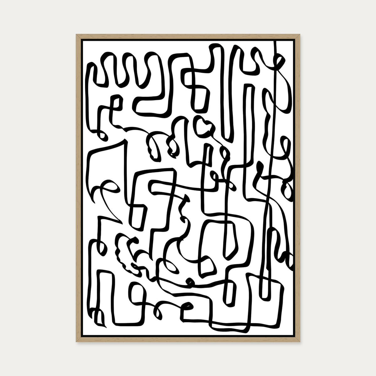 Curved Black Lines Canvas Art — 50 x 70 cm — Oak Frame