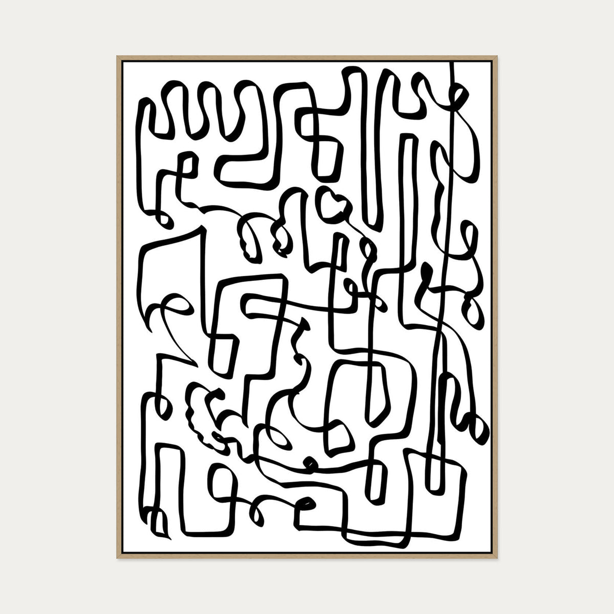 Curved Black Lines Canvas Art — 90 x 120 cm — Oak Frame
