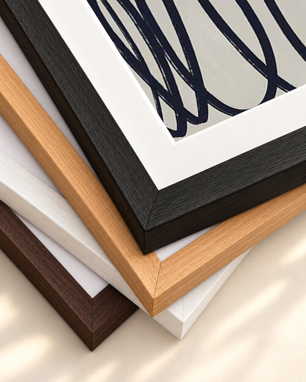 Curved Black Lines II Art Print — framed print corner with 5 cm mount and bevel