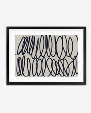 A framed art print with abstract black curving lines on a grey background, enclosed in a black frame.