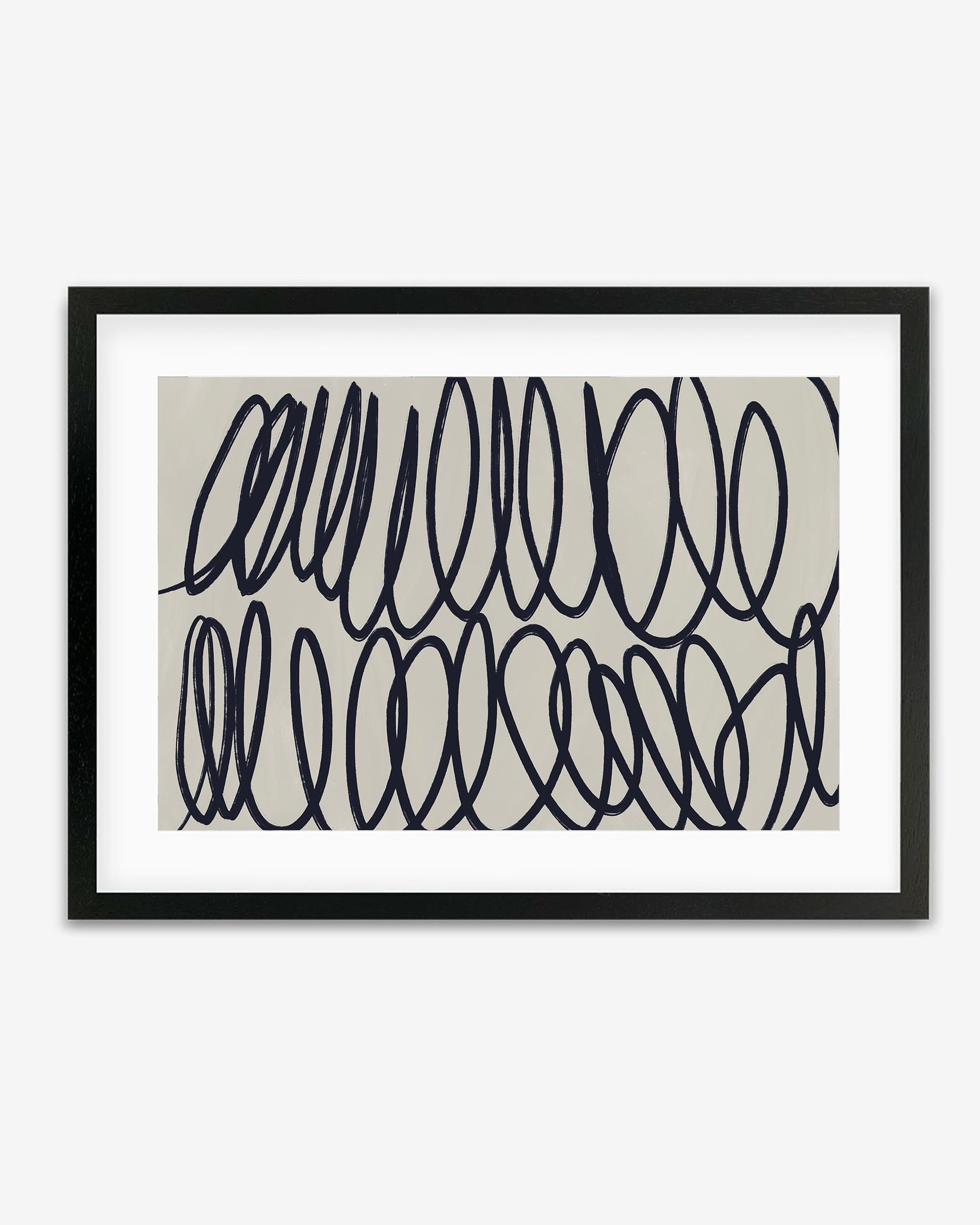A framed art print with abstract black curving lines on a grey background, enclosed in a black frame.