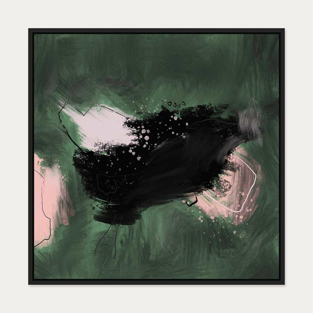 Dark Green Abstract Canvas Art — 70 x 70 cm — Black Frame