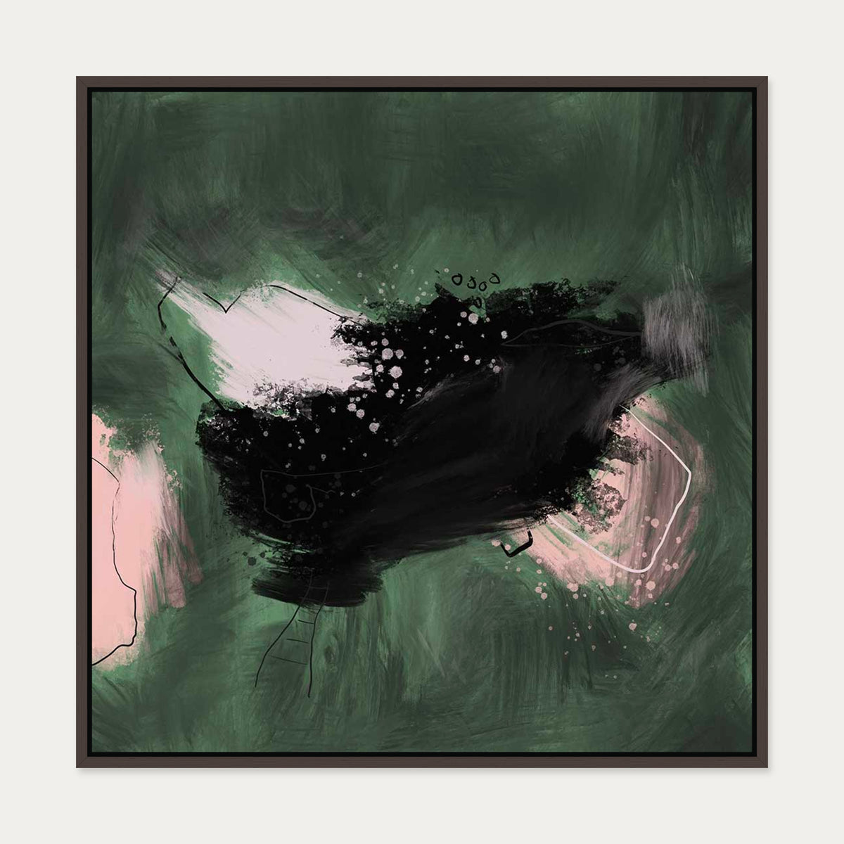 Dark Green Abstract Canvas Art — 70 x 70 cm — Brown Frame