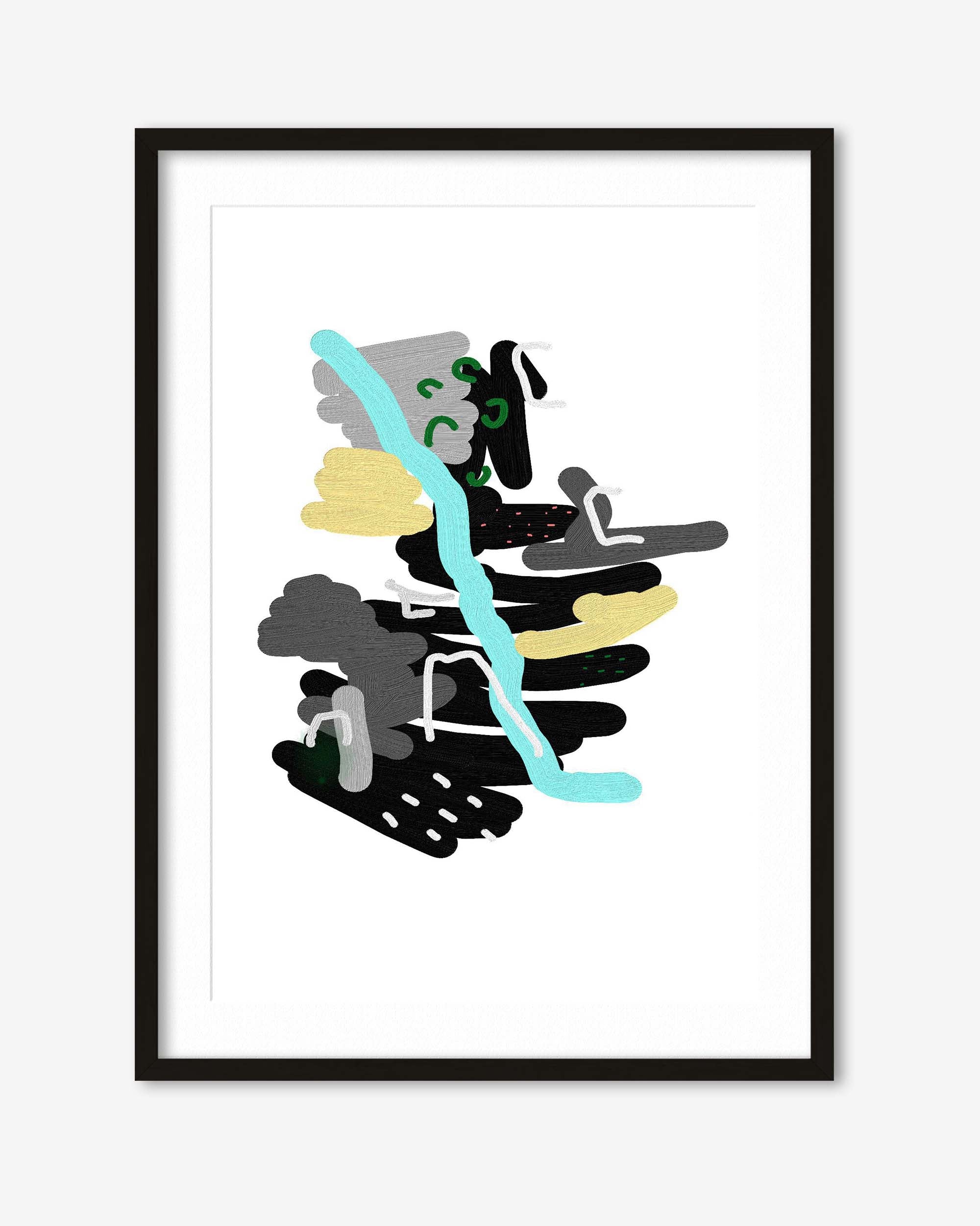 Framed abstract artwork with black, yellow, and blue shapes on a white background