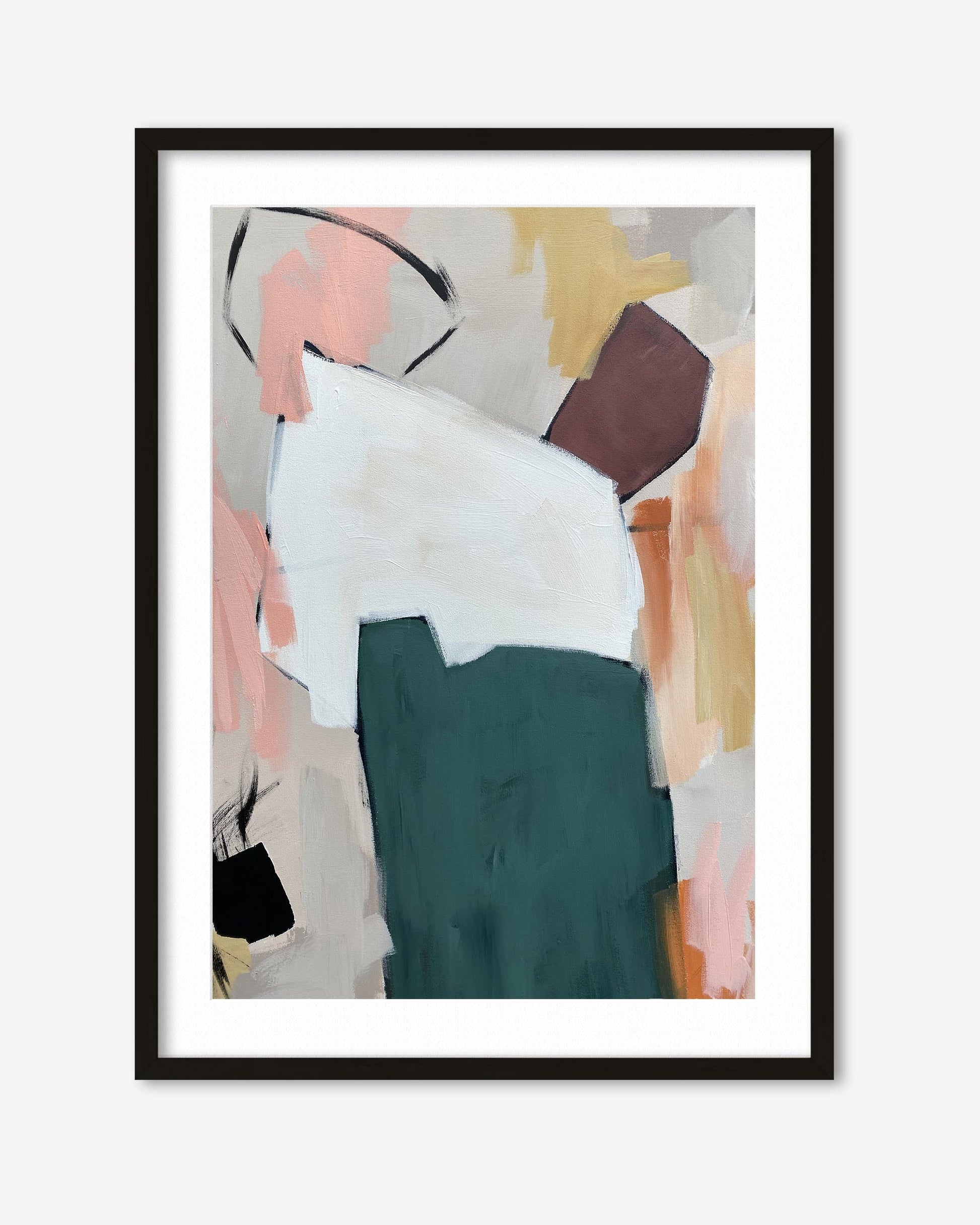 Framed abstract art print with colorful shapes on a white background