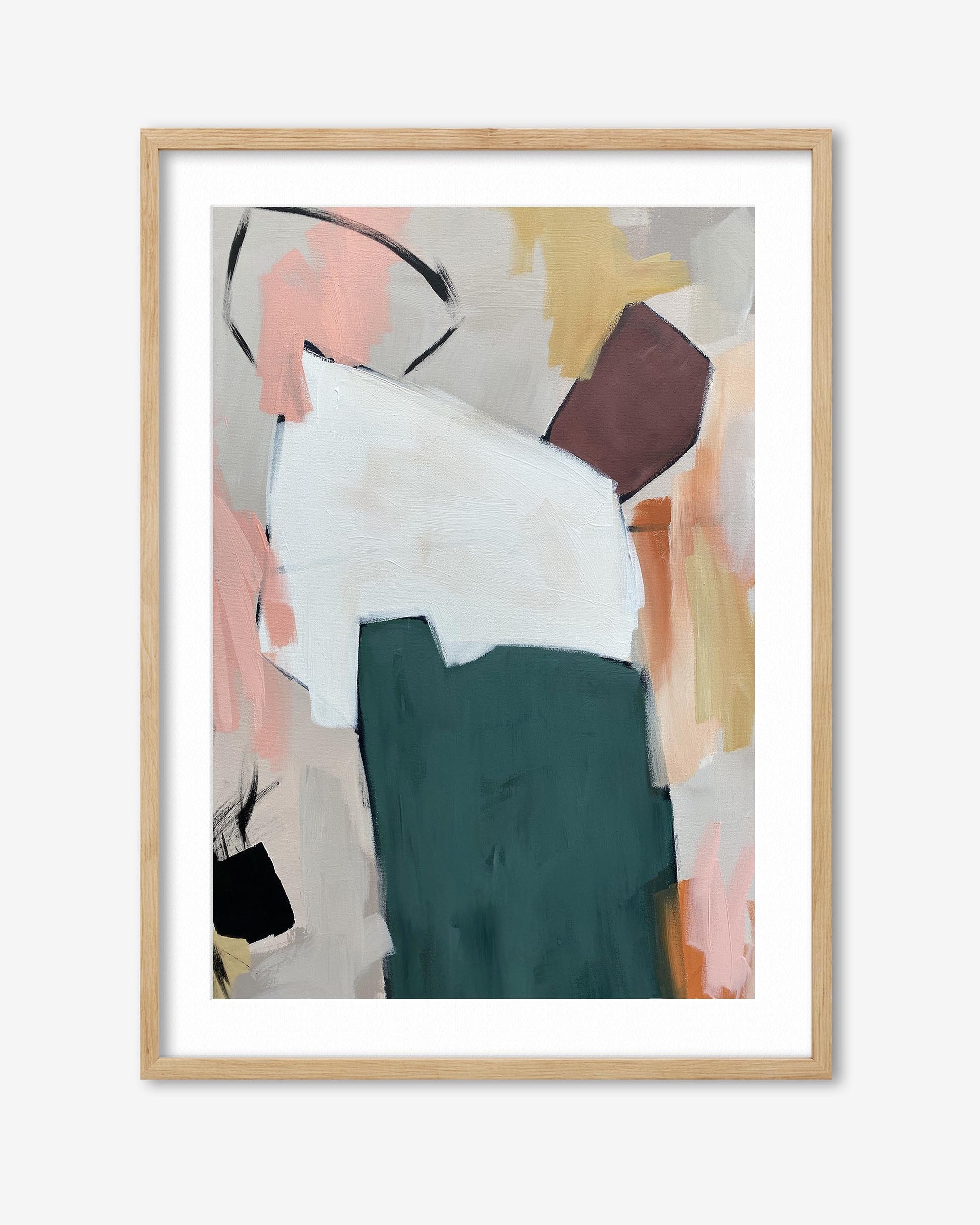 Abstract art print with a wooden frame on a white background