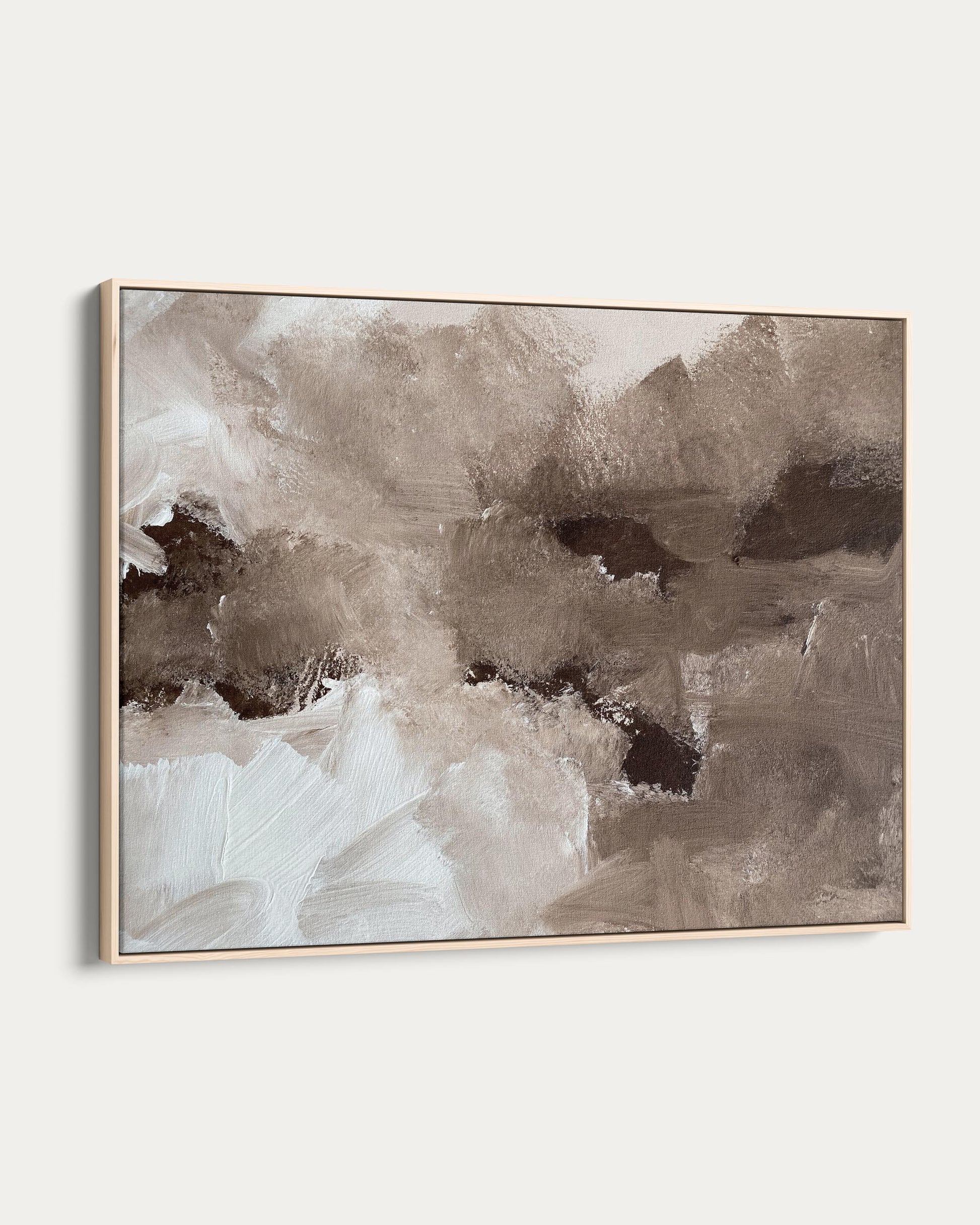 Abstract art piece with brown and white colors on a light gray background