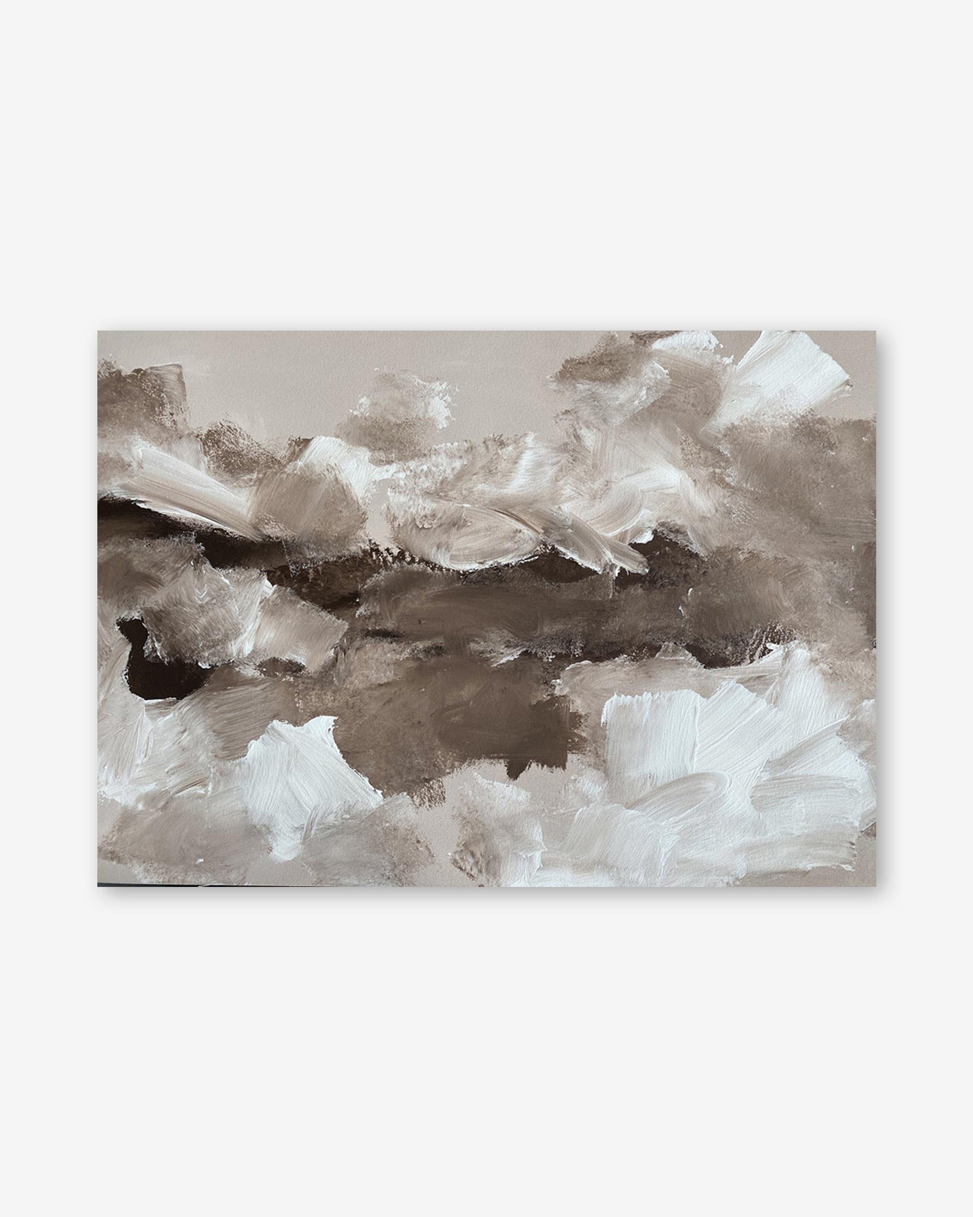 Abstract art piece with brown and white brush strokes on a white background