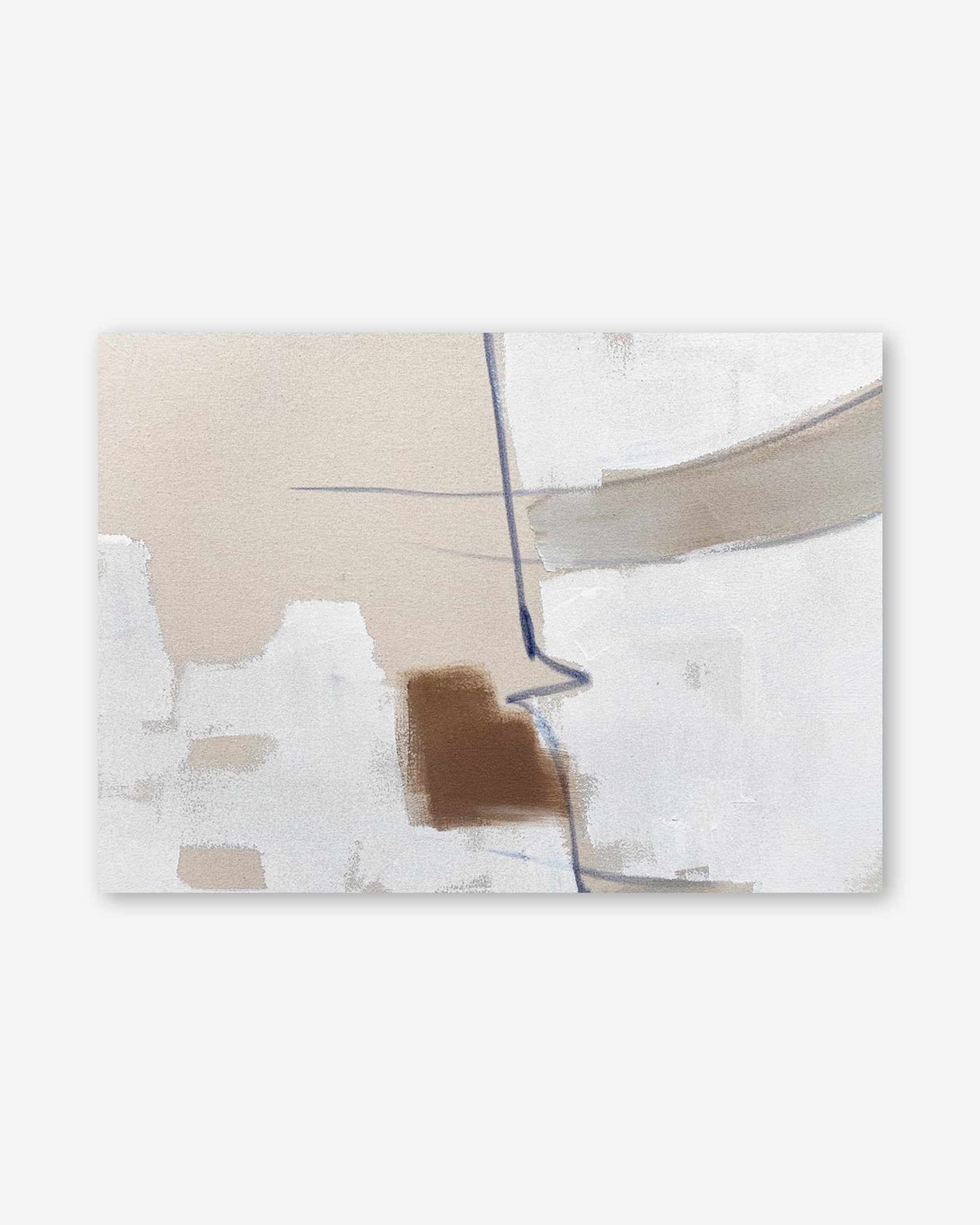 Abstract art piece with geometric shapes in beige, brown, and white on a light gray background