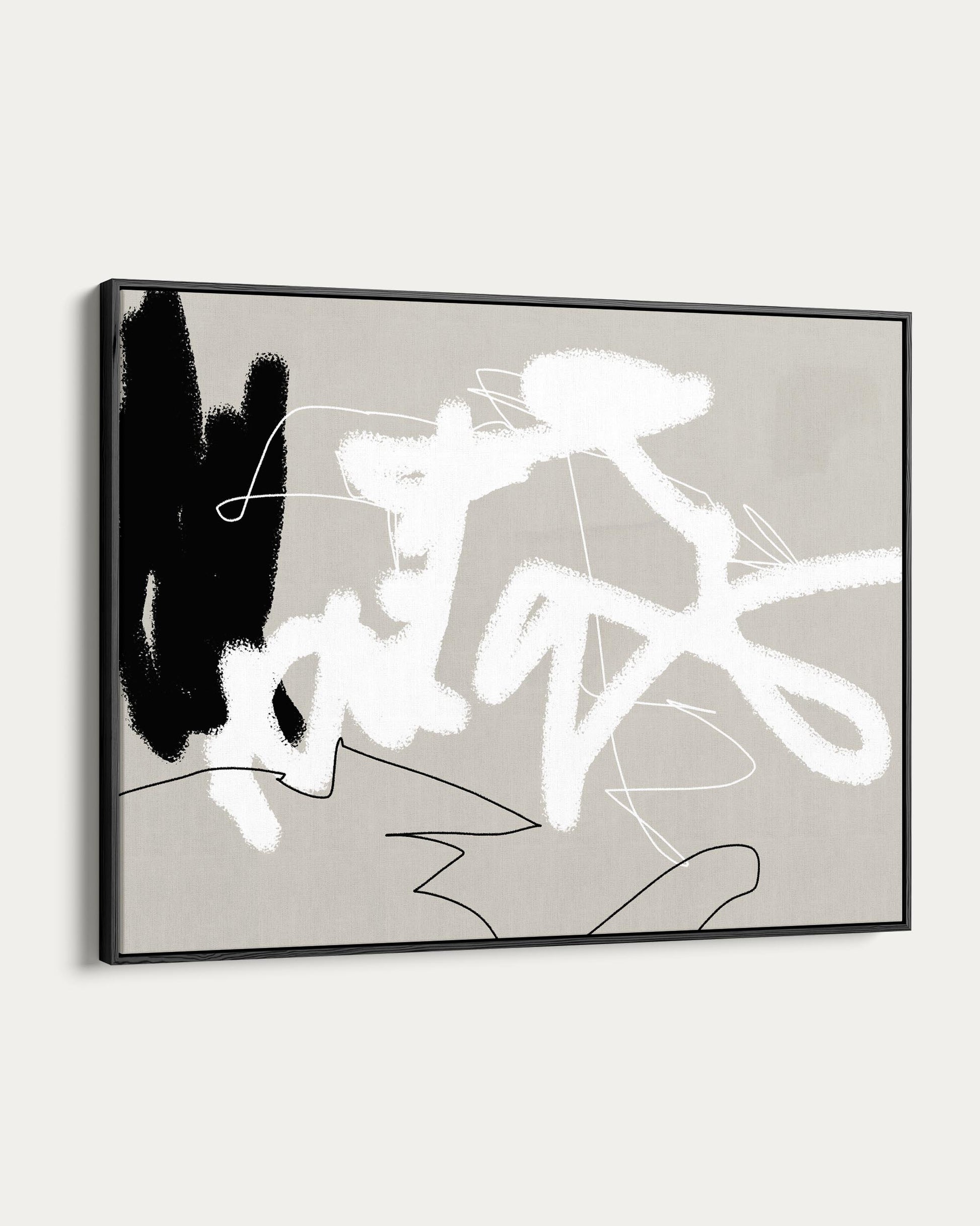 Abstract black and white artwork on a gray background