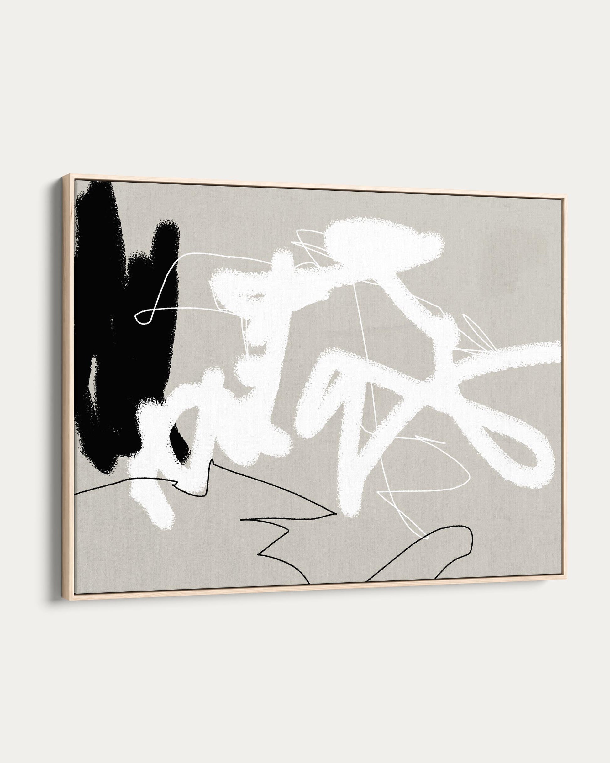 Abstract art piece with black, white, and gray on a light gray background