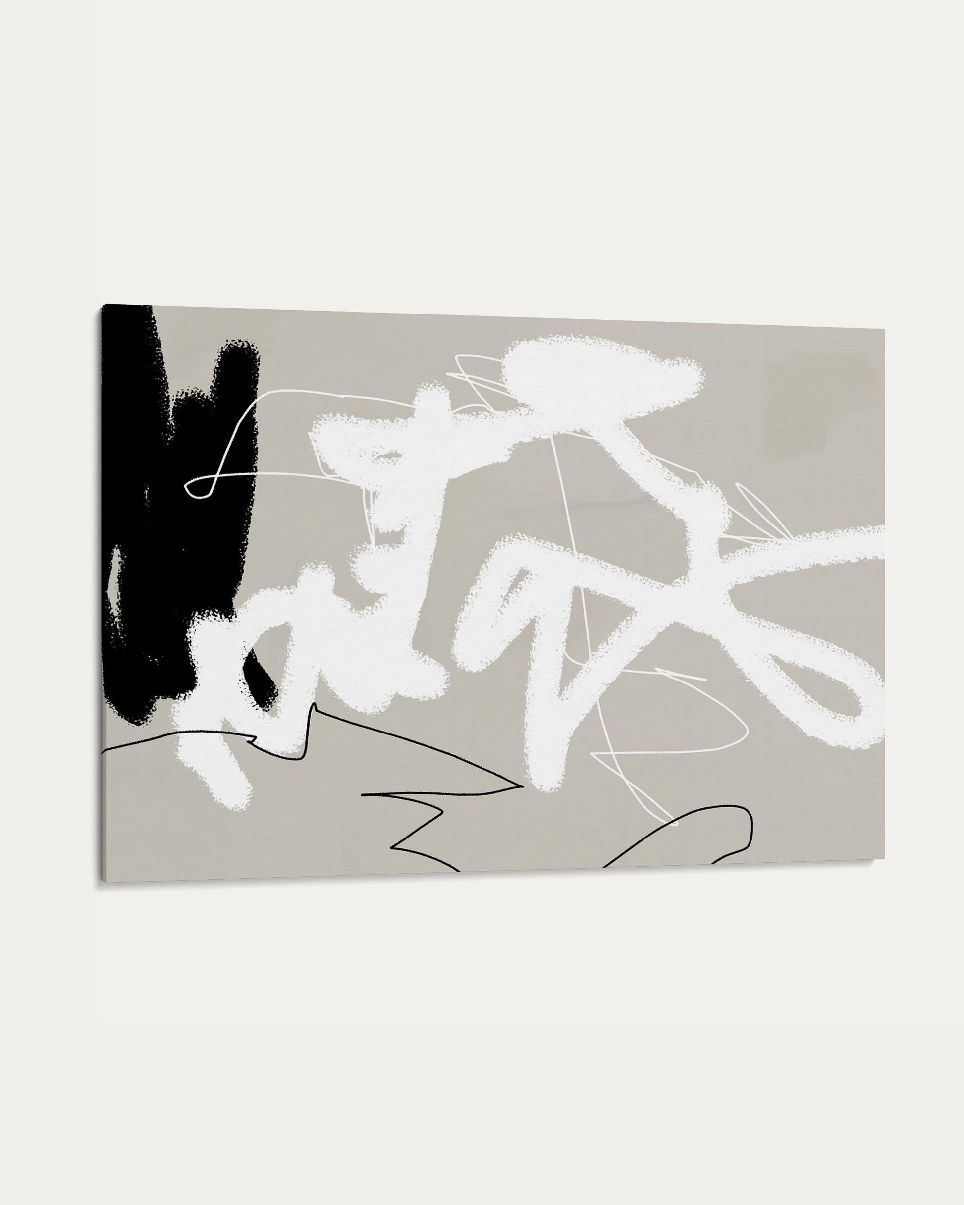 Abstract art piece with black and white brush strokes on a gray background