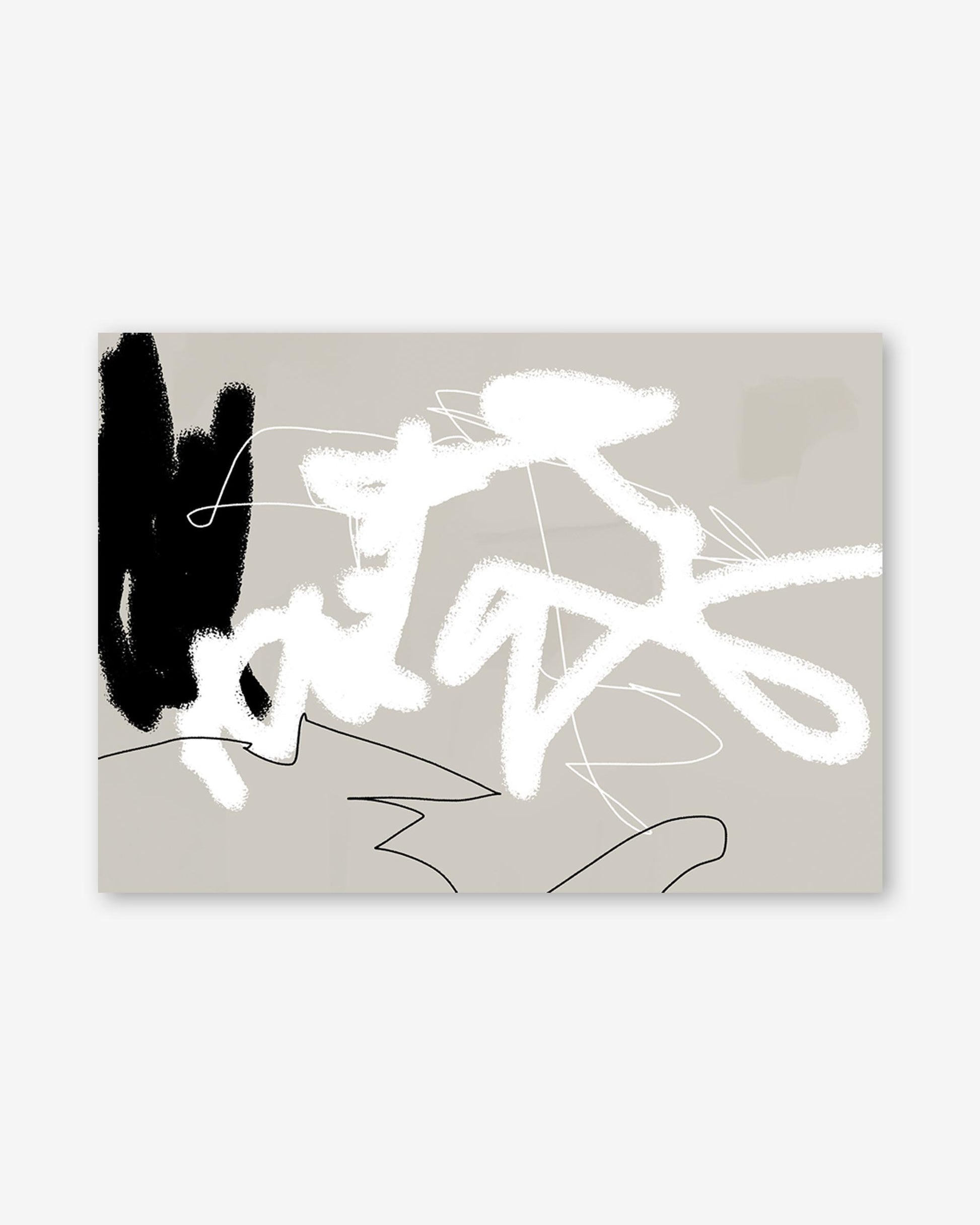 Abstract art piece with black and white brush strokes on a beige background