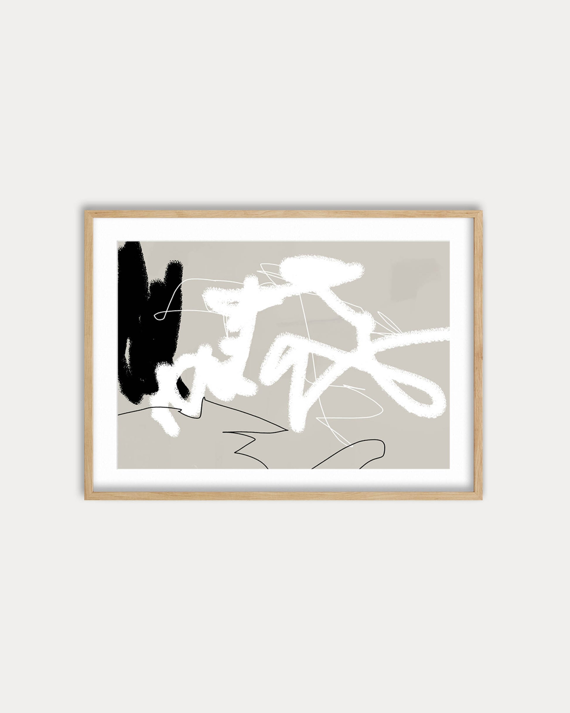 Framed abstract art print with black and white brush strokes on a light gray background