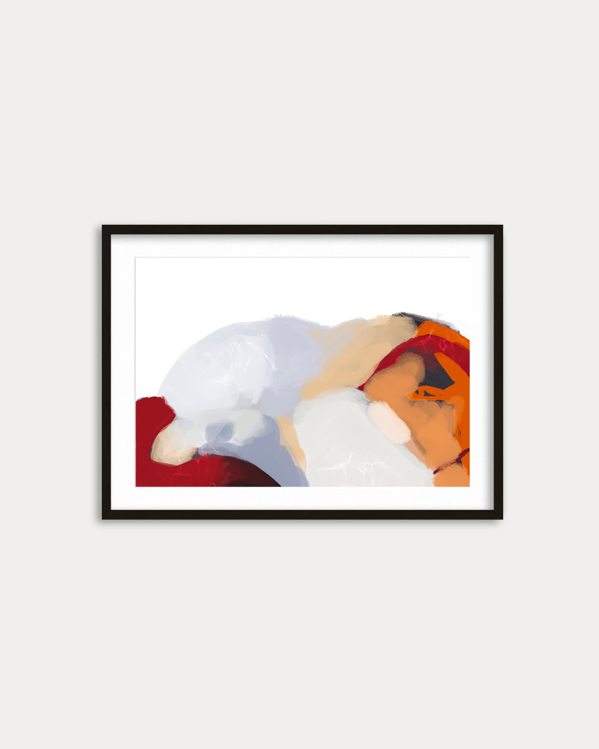 Framed artwork of a woman lying on a red surface with a white dog.