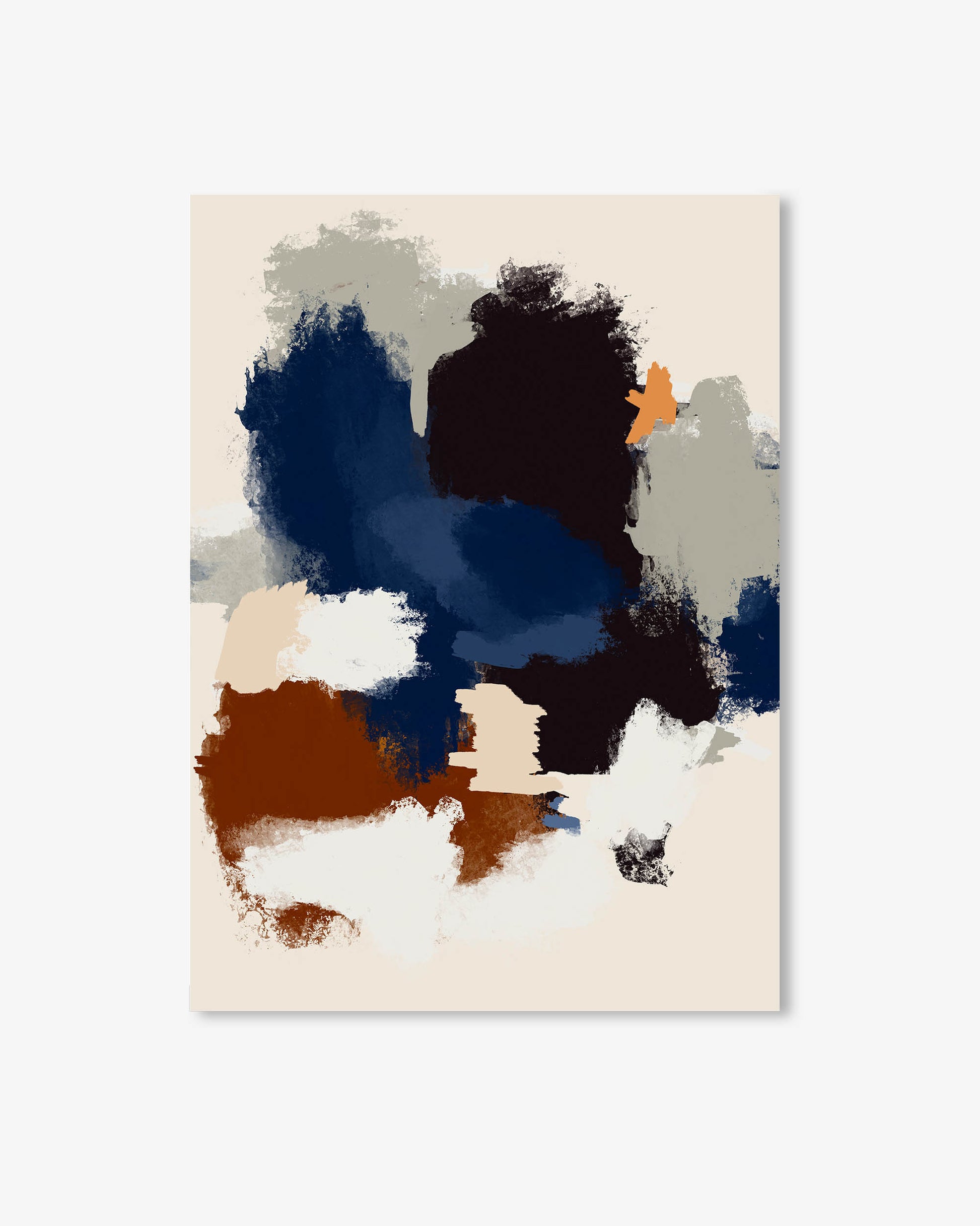 Abstract art print with splashes of blue, brown, and beige on a beige background