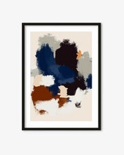 Framed abstract art print with brown, blue, and beige colors on a white background
