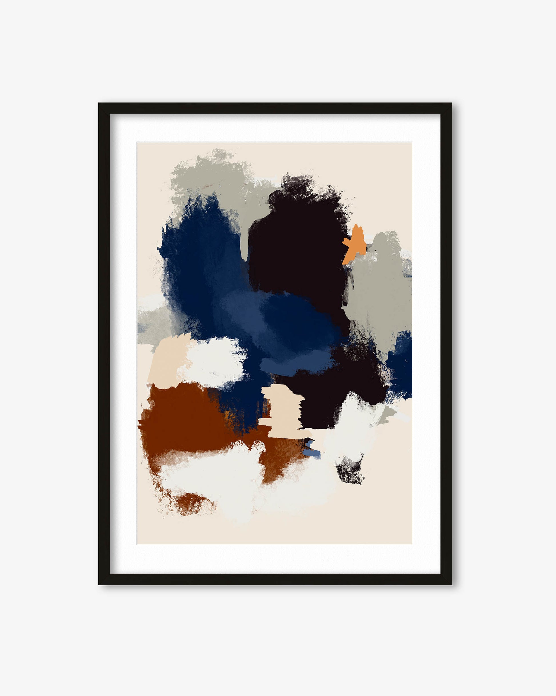 Framed abstract art print with brown, blue, and beige colors on a white background