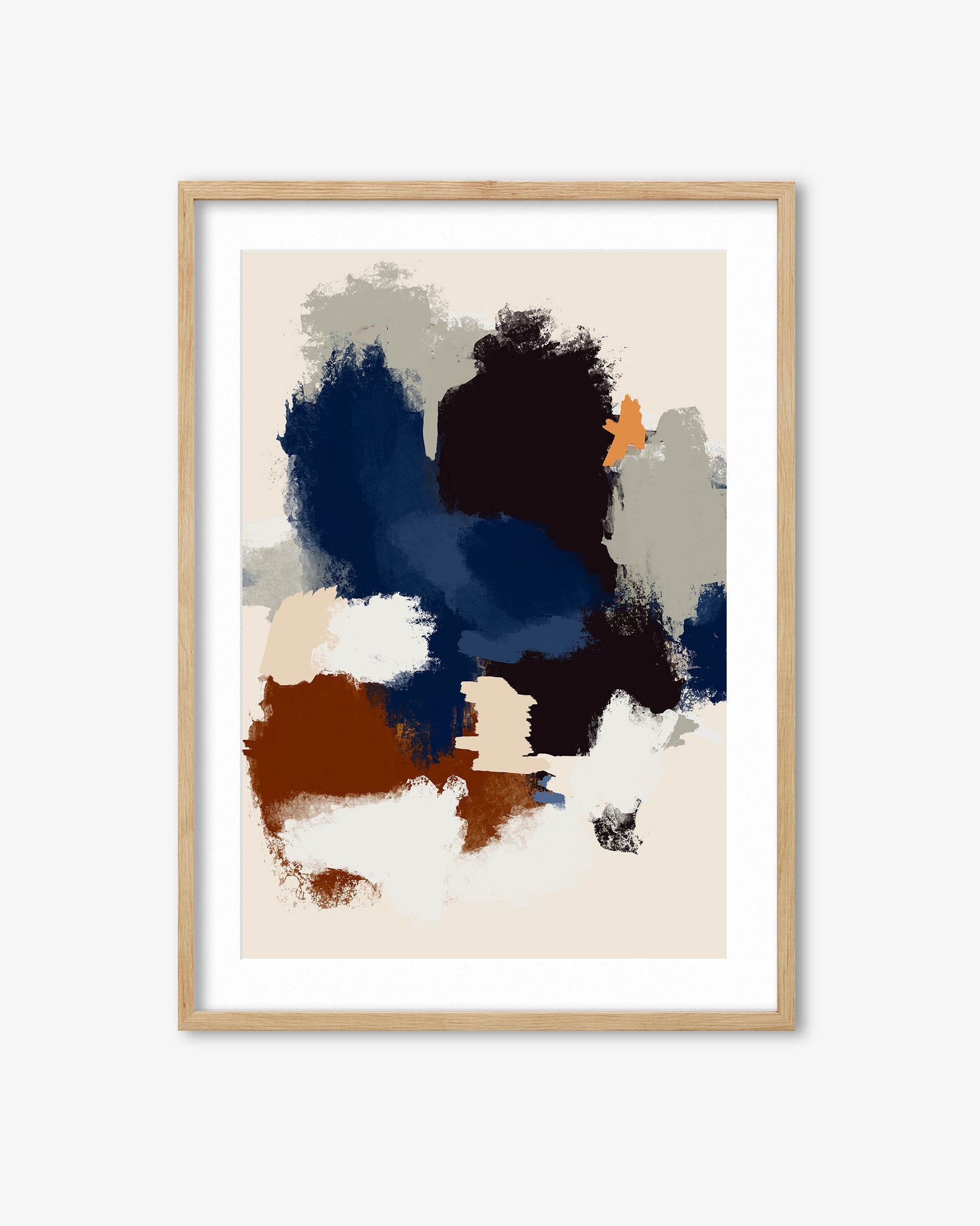 Abstract art print with blue, brown, and beige colors in a wooden frame on a white background
