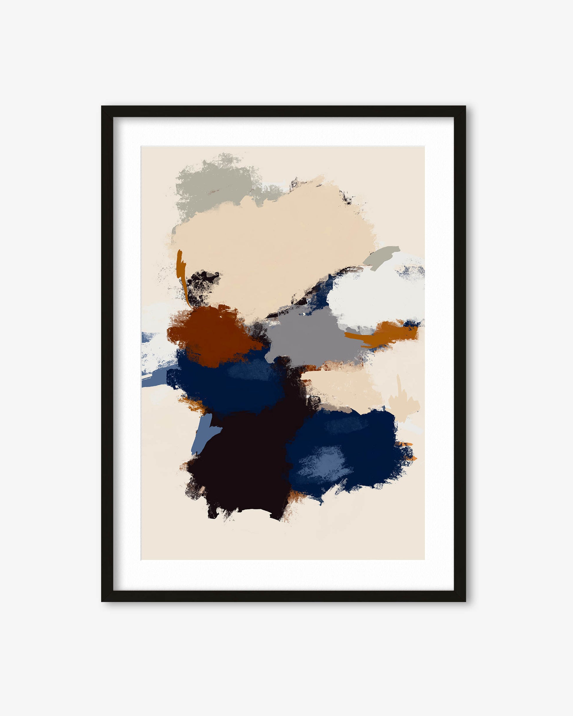 Framed abstract art print with colorful splashes on a beige background