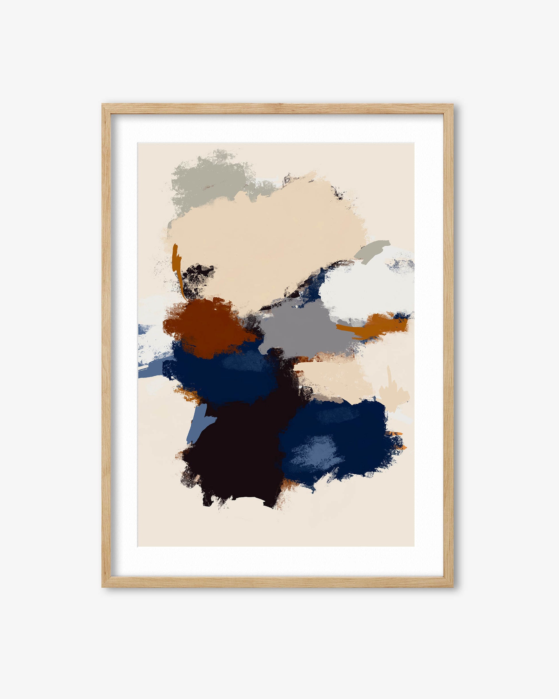 Abstract art print with colorful splashes in a wooden frame on a white background