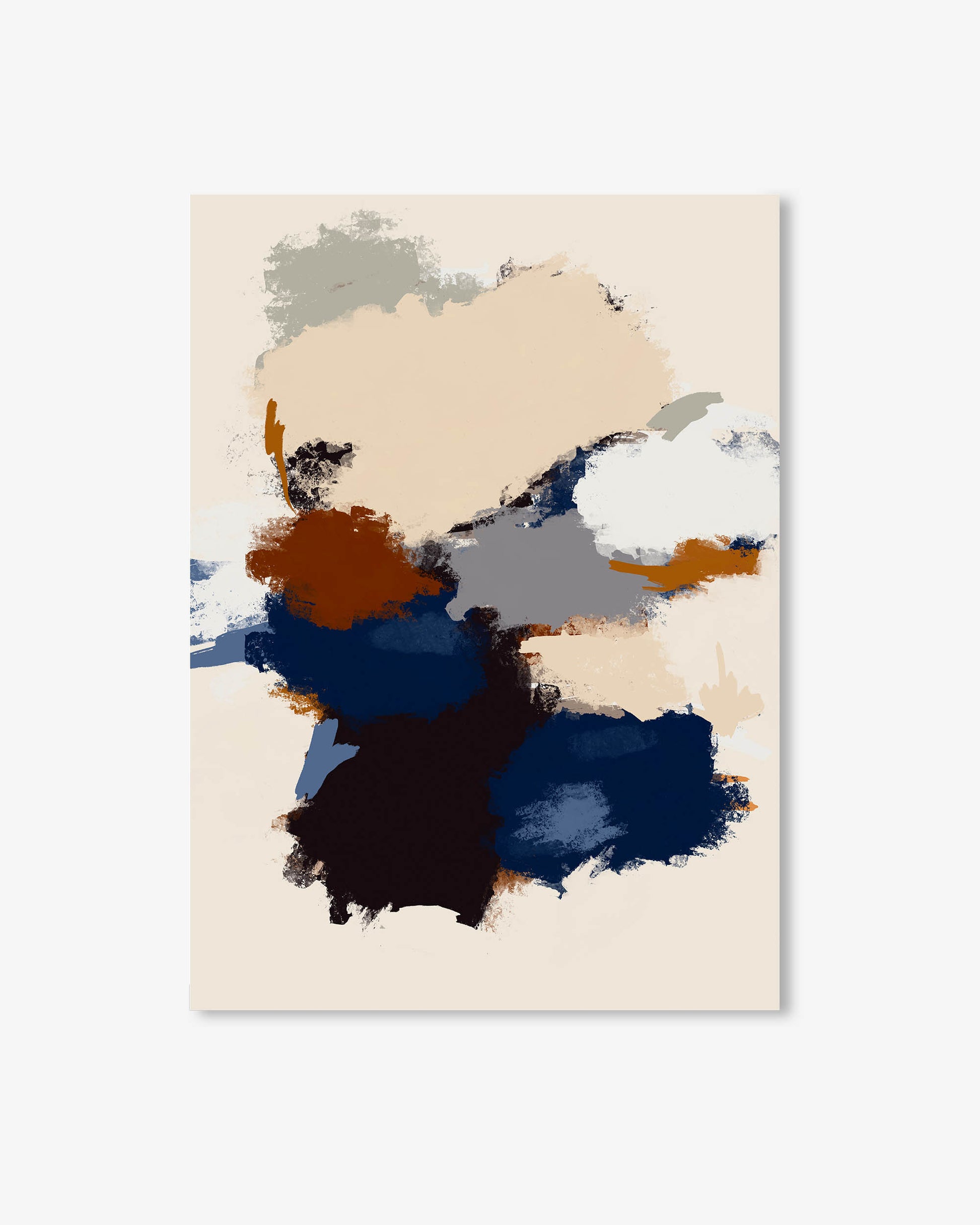 Abstract art print with splashes of blue, brown, beige, and gray on a beige background
