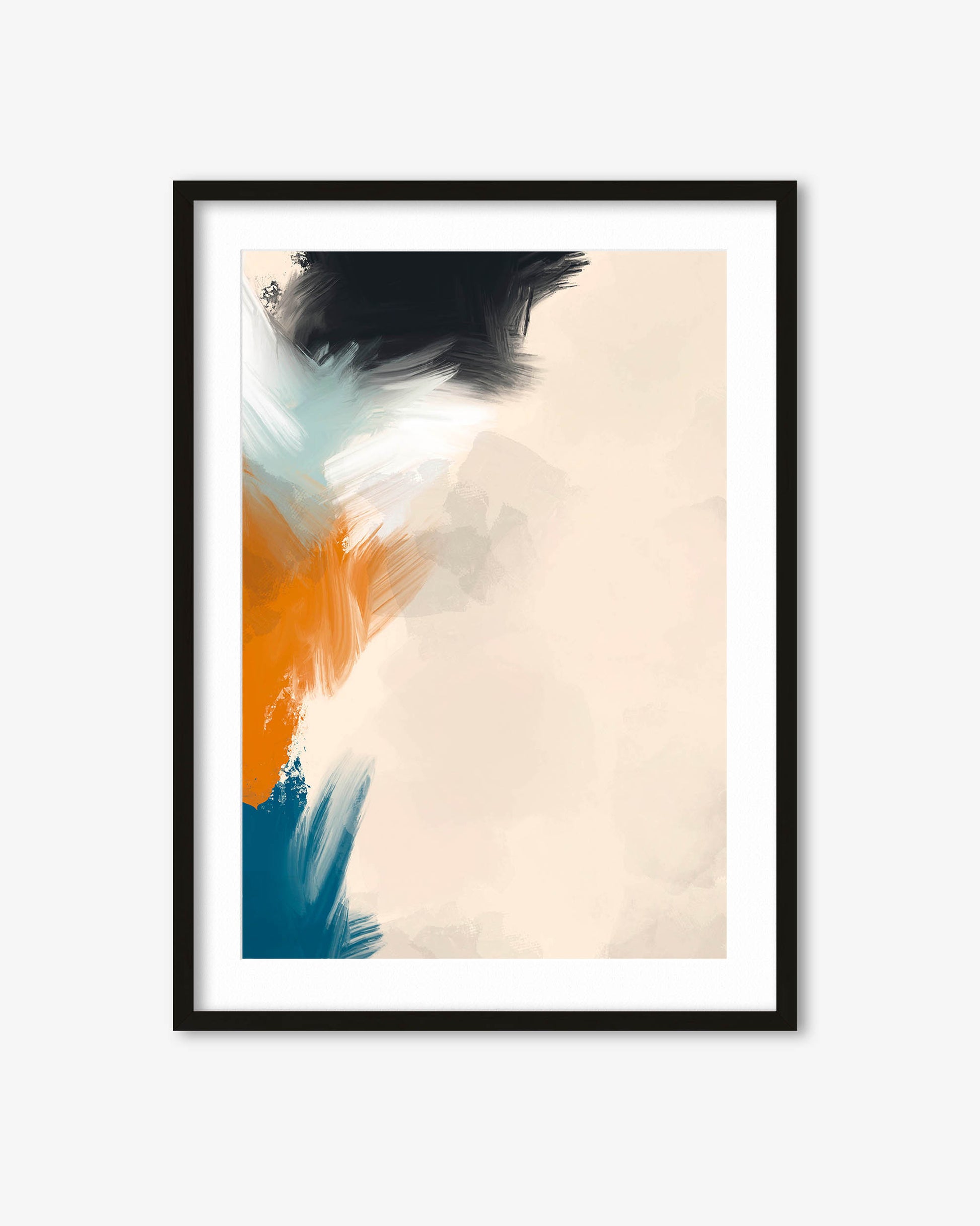 Framed abstract art print with colorful brush strokes on a white background