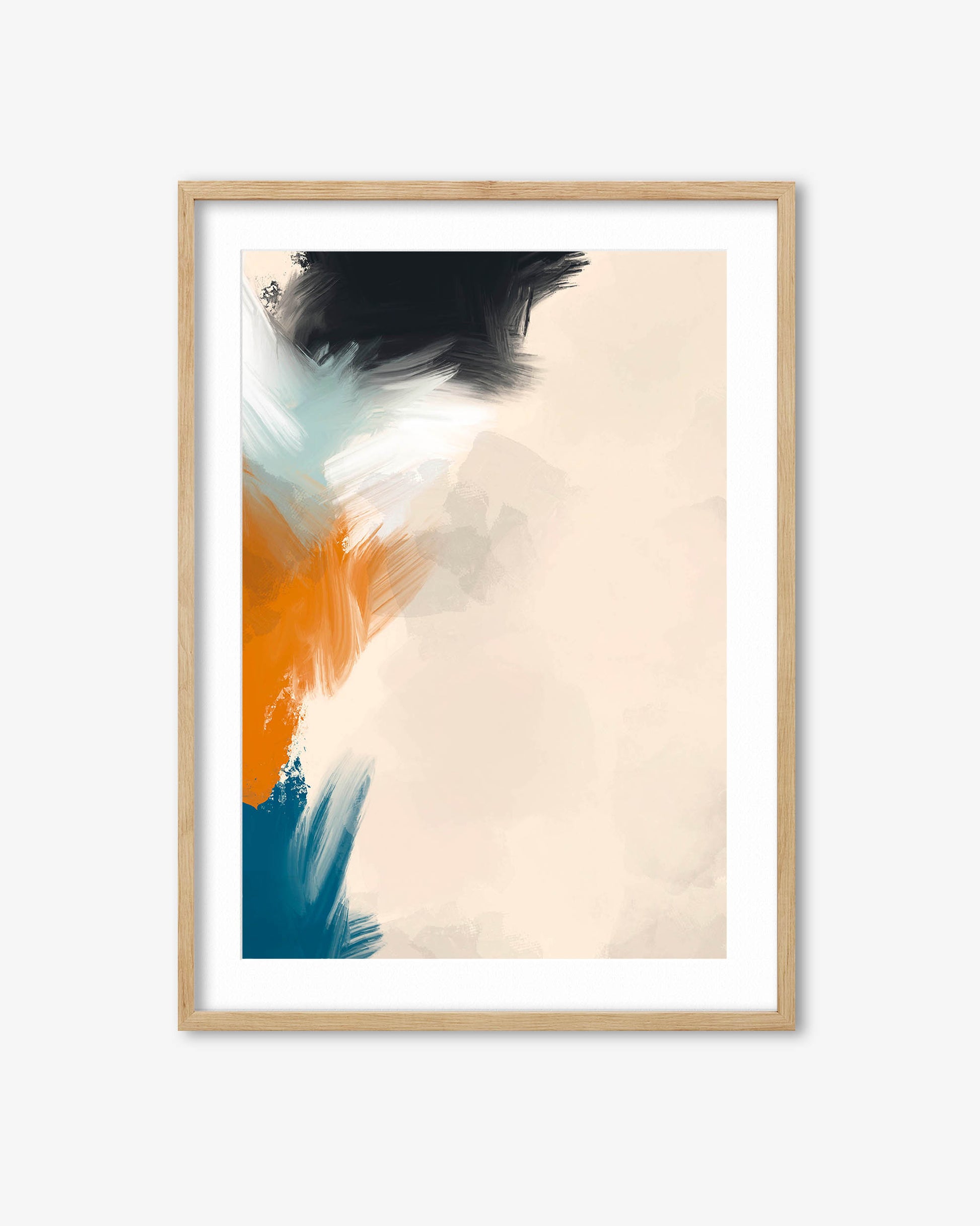 Framed abstract art print with colorful brush strokes on a white background