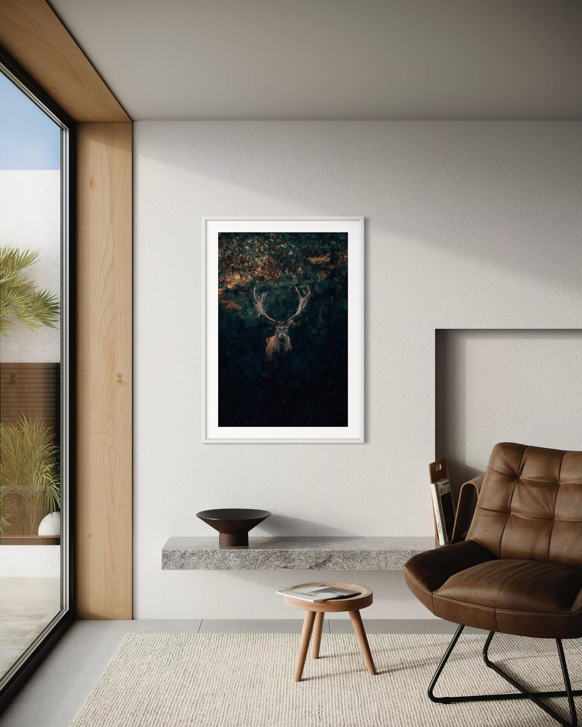 Modern interior with a framed artwork on the wall, brown chair, and glass door.