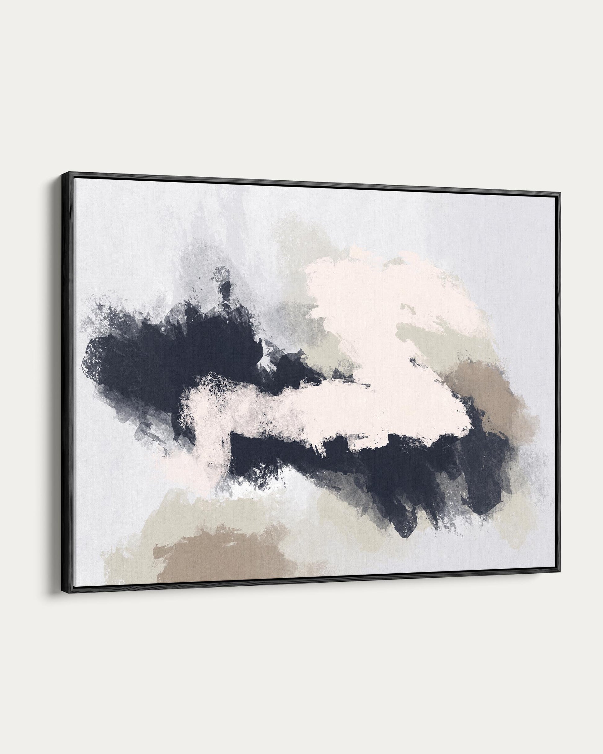 Abstract art print with black, white, and beige colors in a black frame on a white background