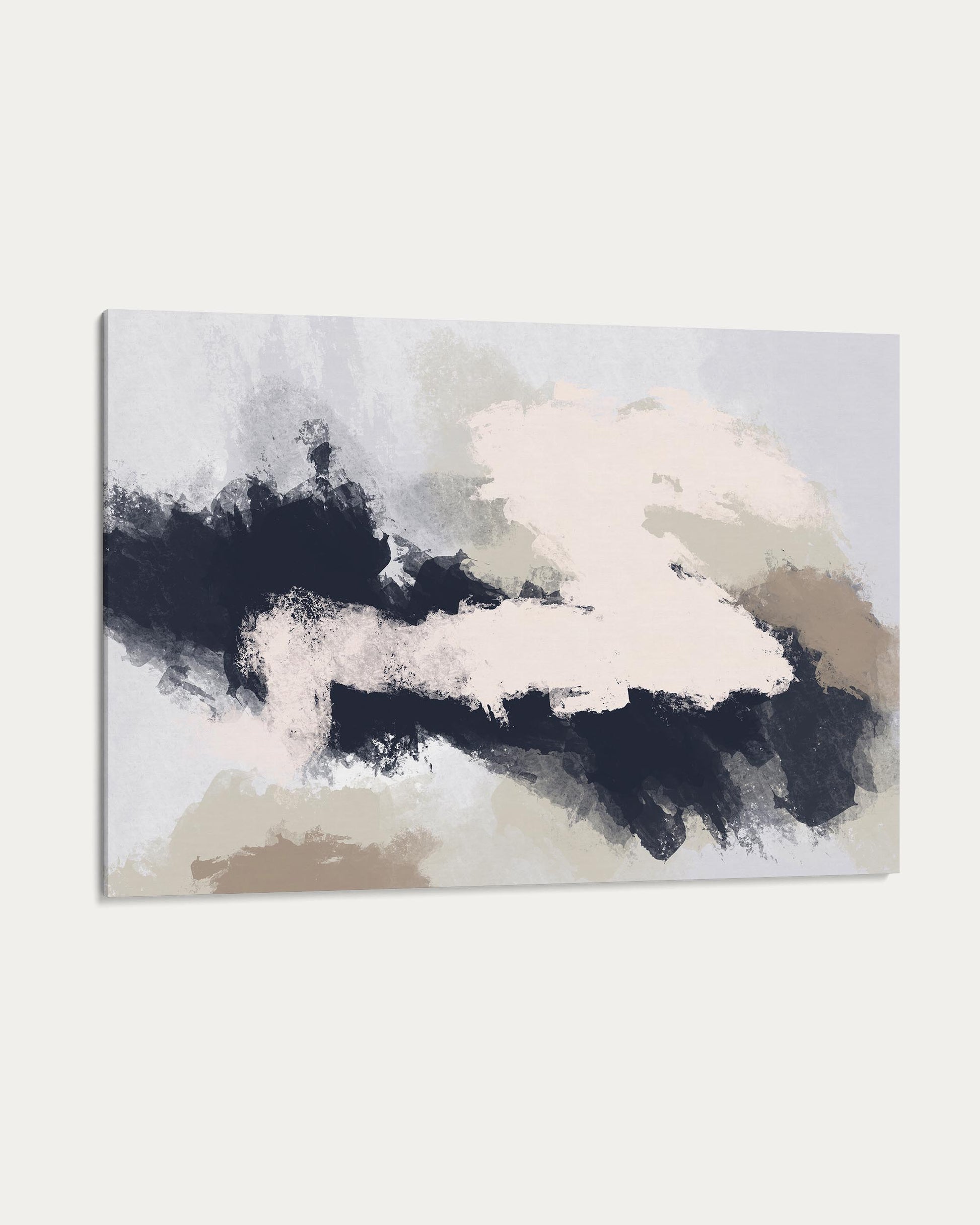 Abstract art piece with black, white, and beige colors on a light gray background