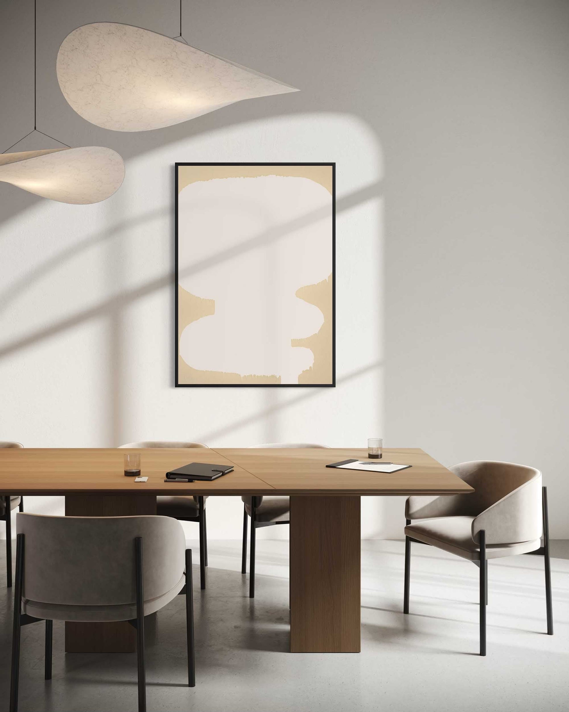 Modern dining room with wooden table, chairs, and abstract art on the wall.