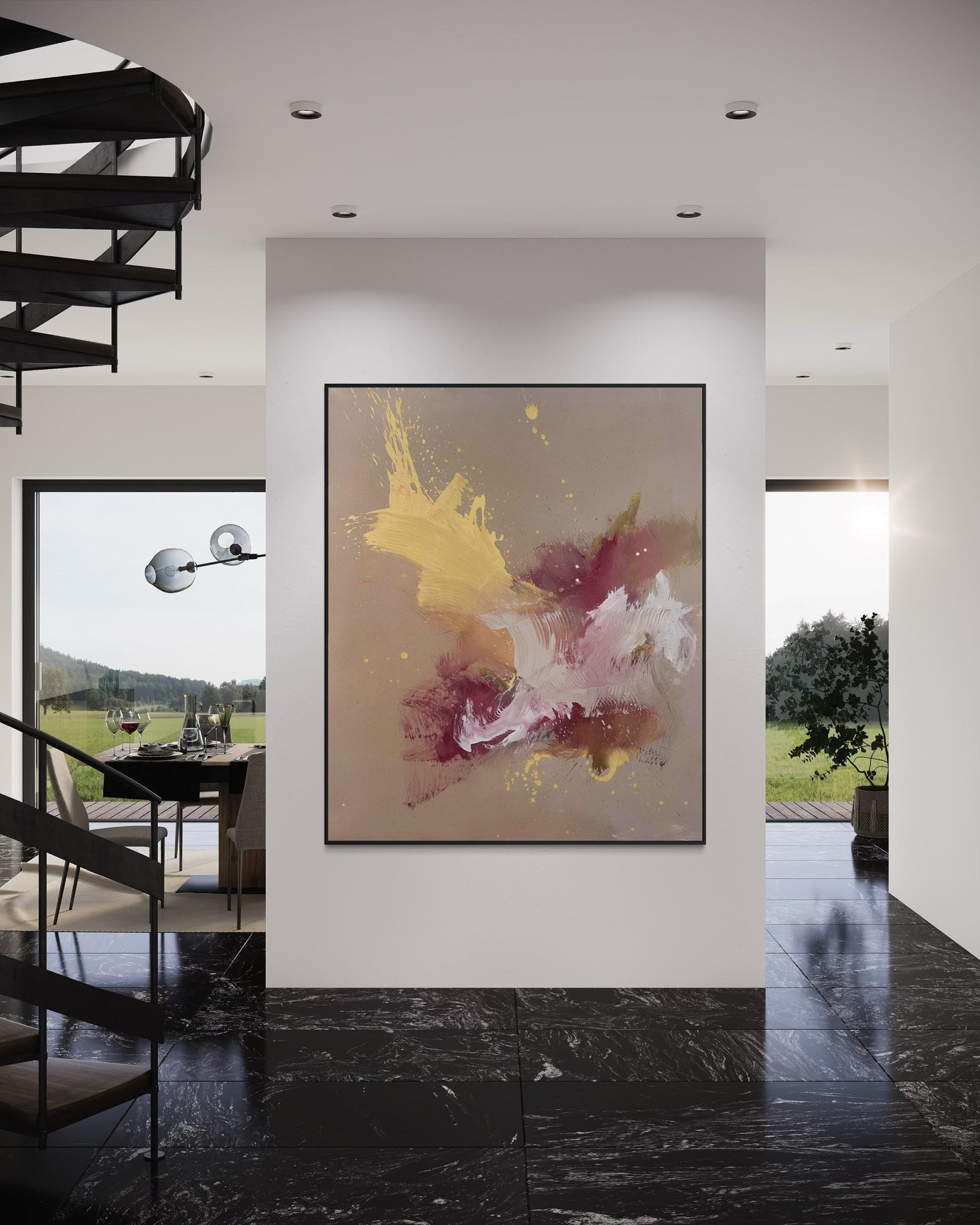Modern interior with abstract art on a wall, black marble floor, and dining area.