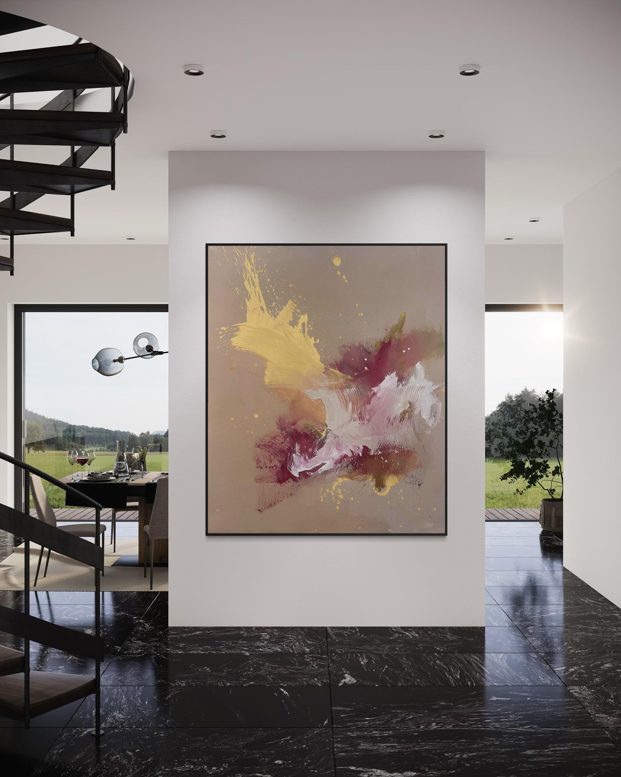 Modern interior with abstract art on a wall, black marble floor, and dining area.