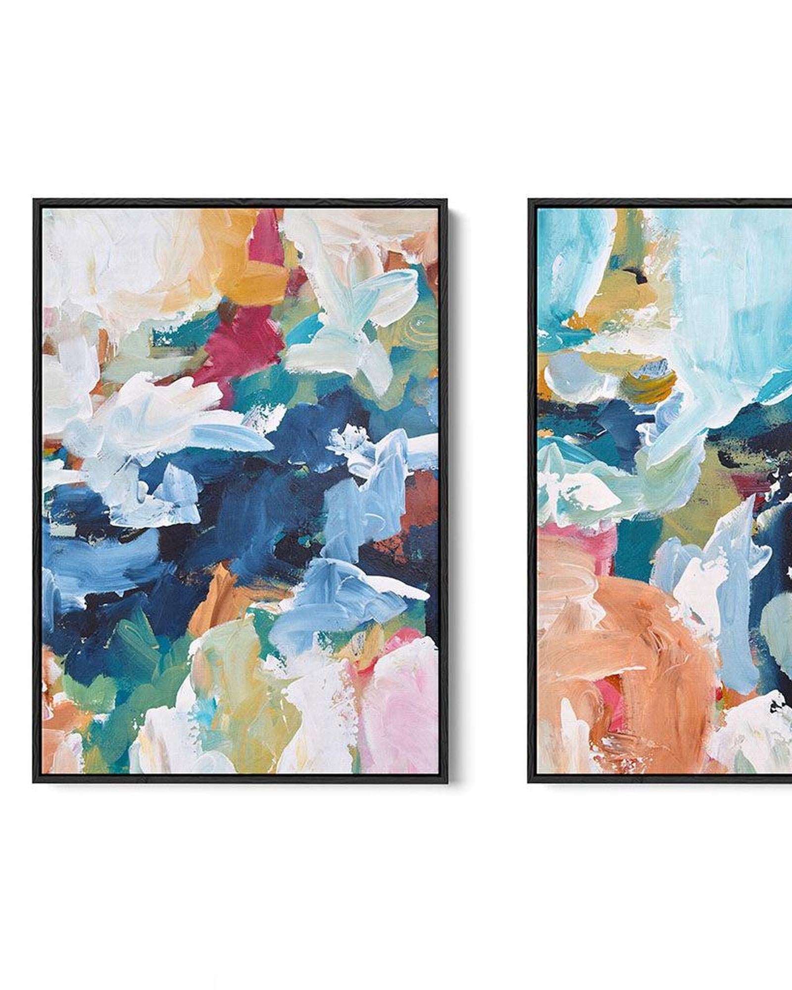 Two abstract art prints with vibrant colors on a white background
