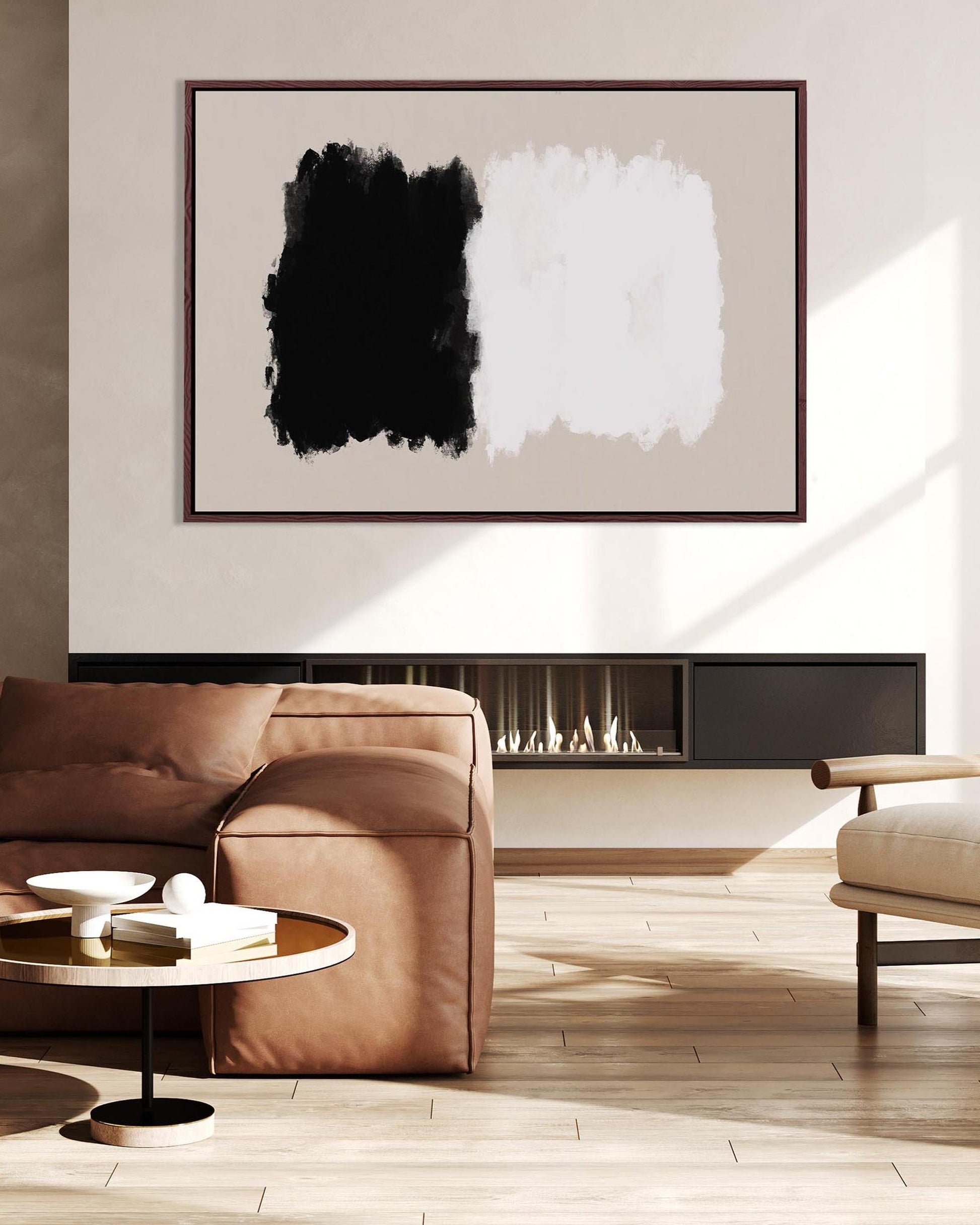 Modern living room with a brown sofa, white chair, and abstract art on the wall.