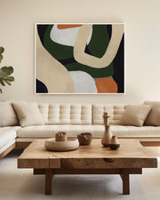 Modern living room with a beige sectional sofa, wooden coffee table, and abstract art on the wall.