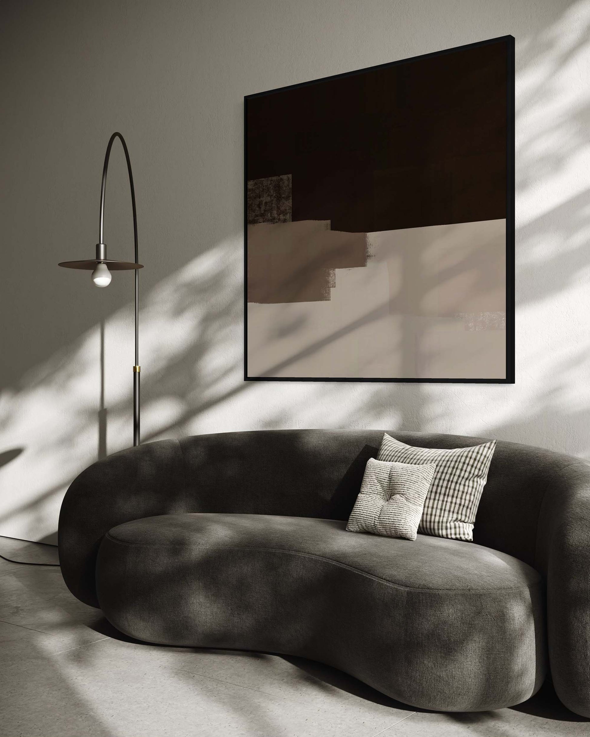Modern living room with a gray sofa, abstract painting, and floor lamp.