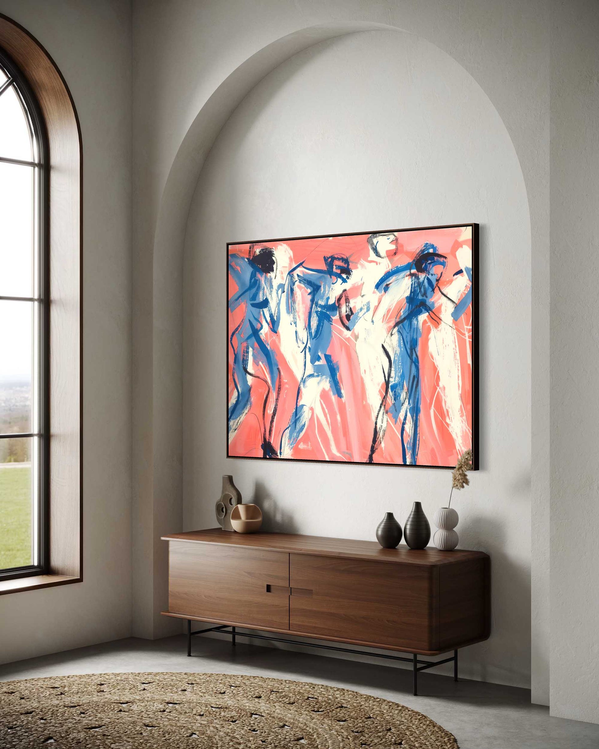 Modern living room with a wooden console table and abstract painting on the wall.
