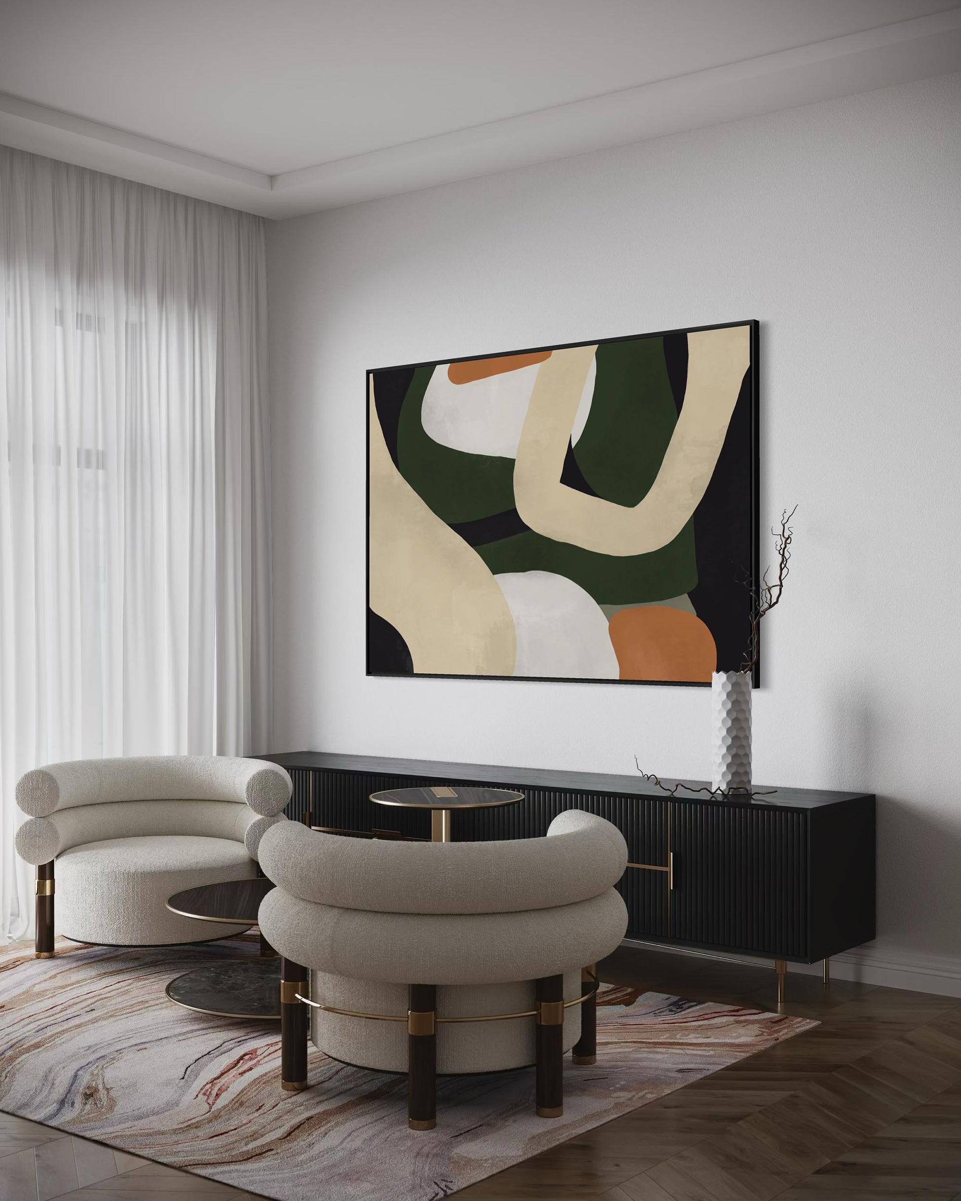 Modern living room with abstract art, furniture, and decor.