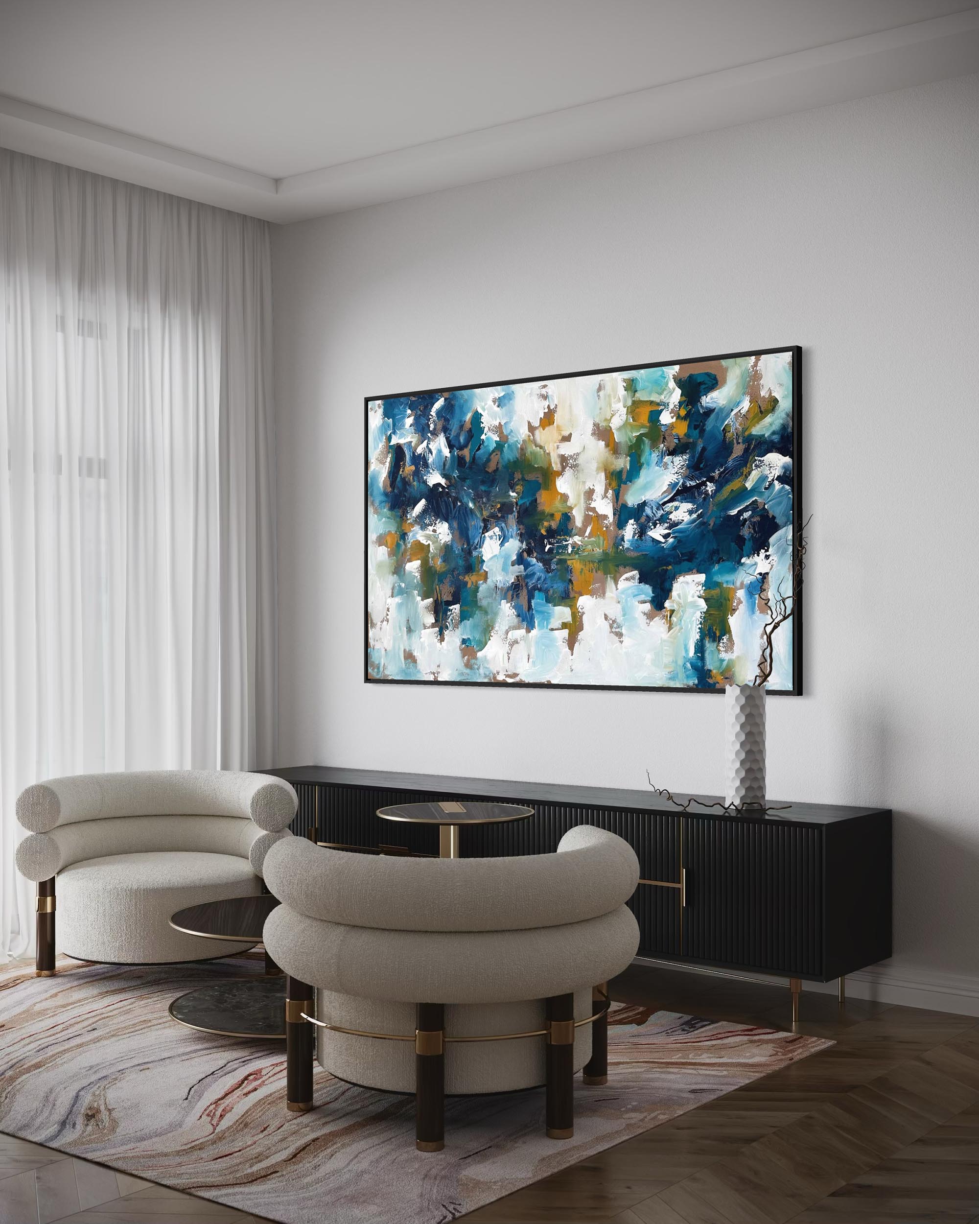 Modern living room with abstract art on the wall, white chairs, and a black console table.