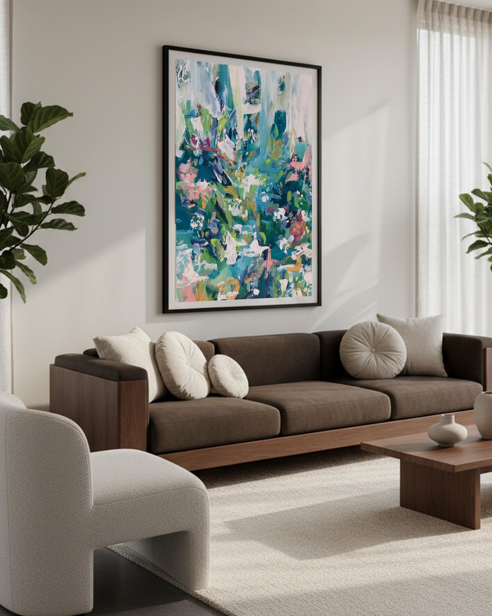 extra large oversized abstract art, modern colourful abstract floral design with brown large 5 seater sofa with beige ball cushions and large area rug.
