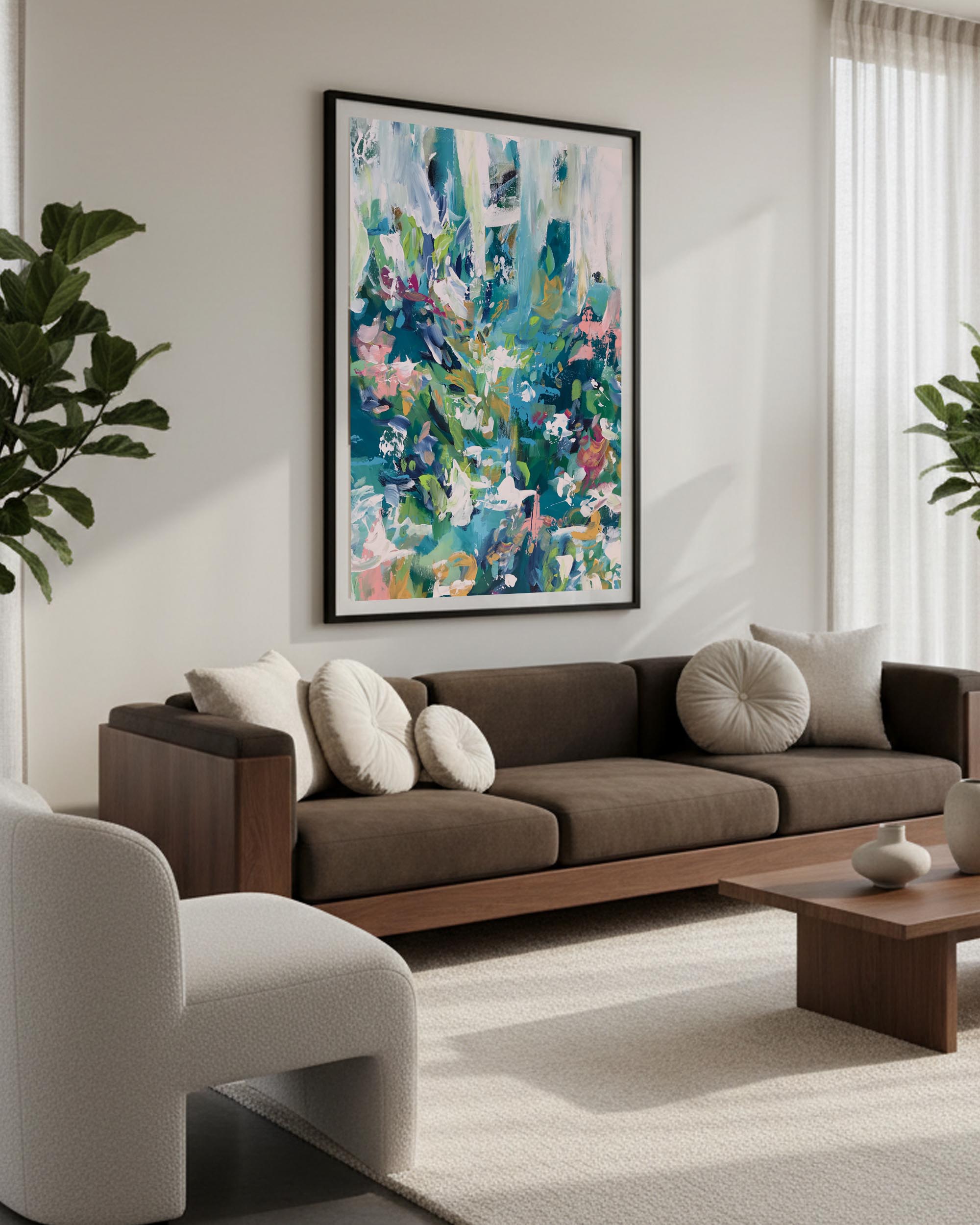extra large oversized abstract art, modern colourful abstract floral design with brown large 5 seater sofa with beige ball cushions and large area rug.