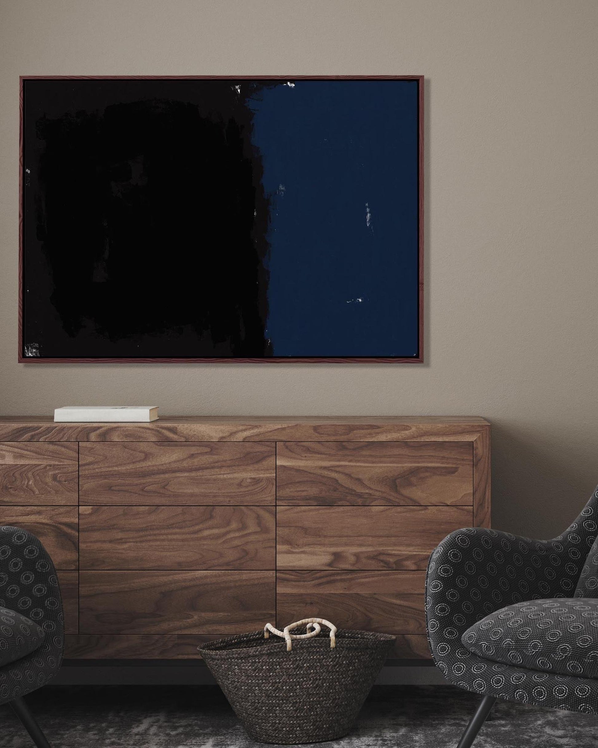 Modern living room with wooden cabinet, patterned chairs with large canvas artwork on the wall