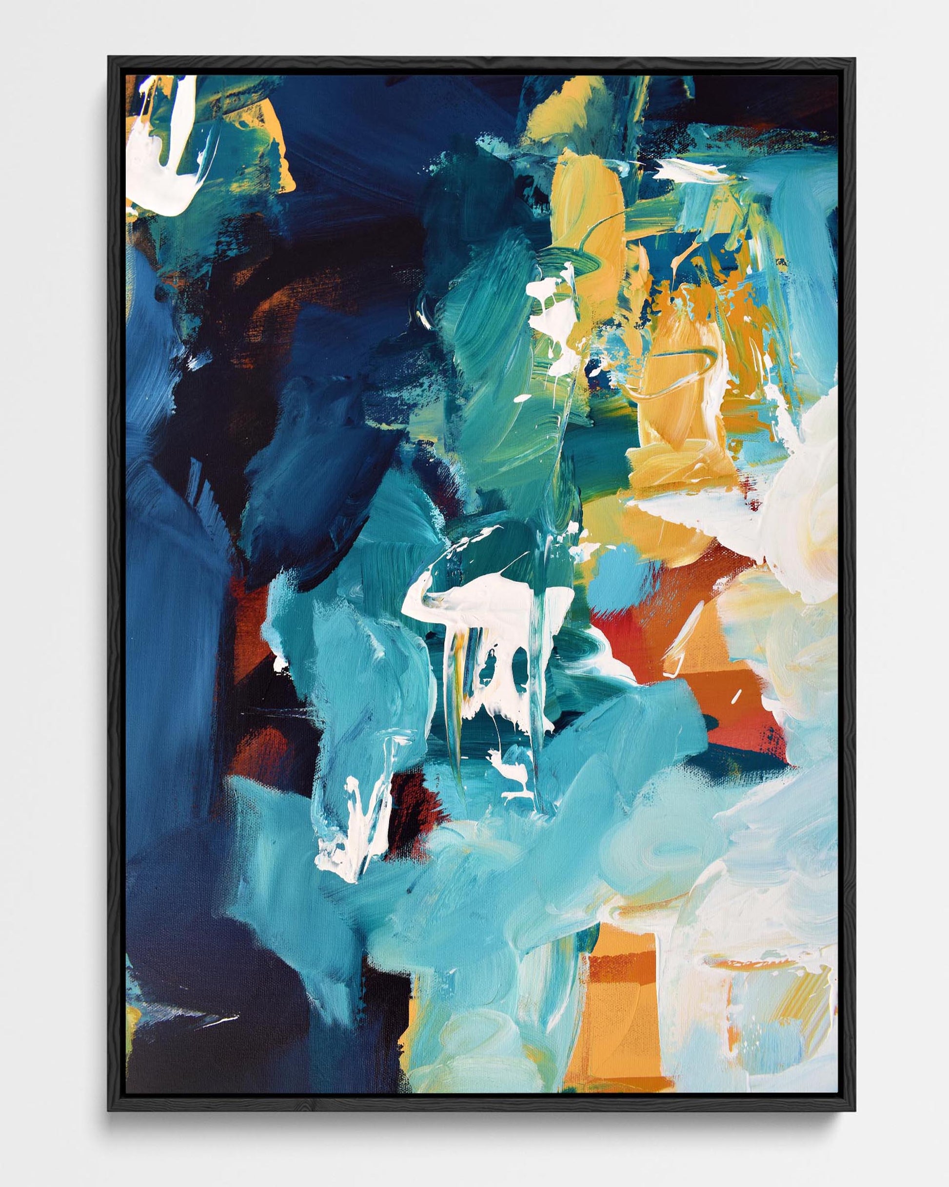 A framed canvas featuring an abstract design with vibrant blue shades, displayed in a floating frame style.