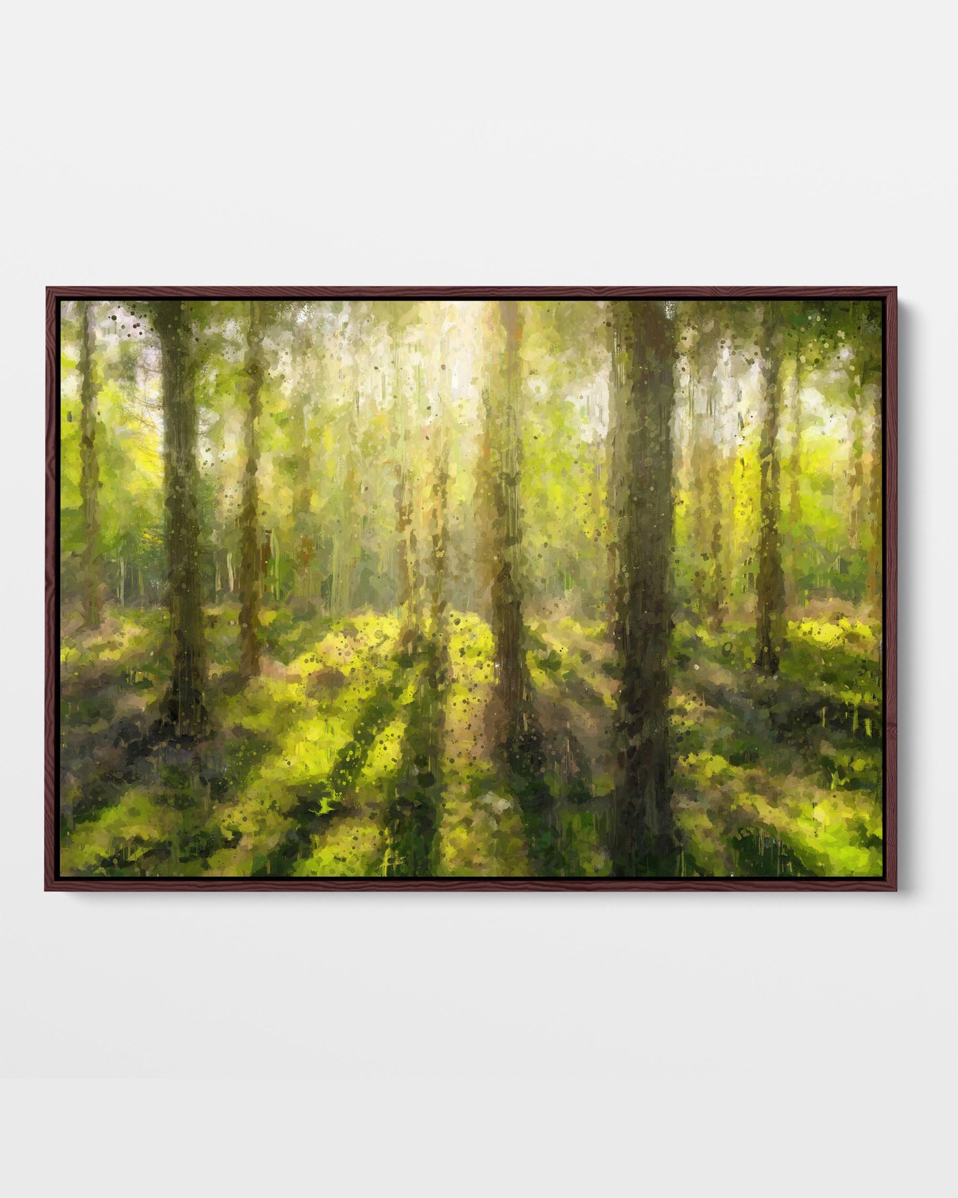 Framed canvas print depicting a sunrise in a forest with modern yellow, white, brown, and green tones.